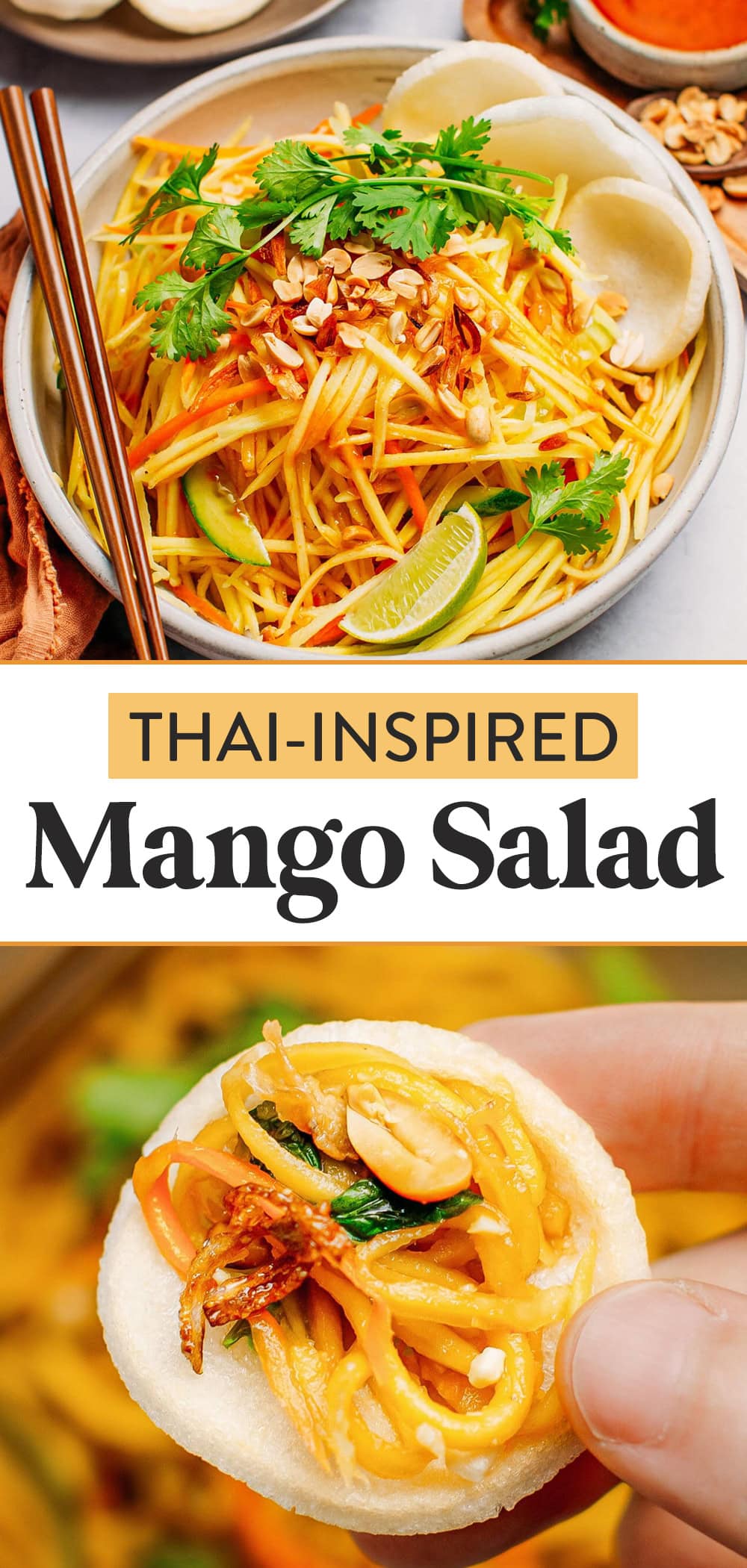 Thai-inspired green mango salad with carrots, cucumbers, and fresh herbs! It comes with a sweet, salty, and sour lime dressing. A healthy, delicious, and refreshing plant-based salad! #mango #thai #vegan