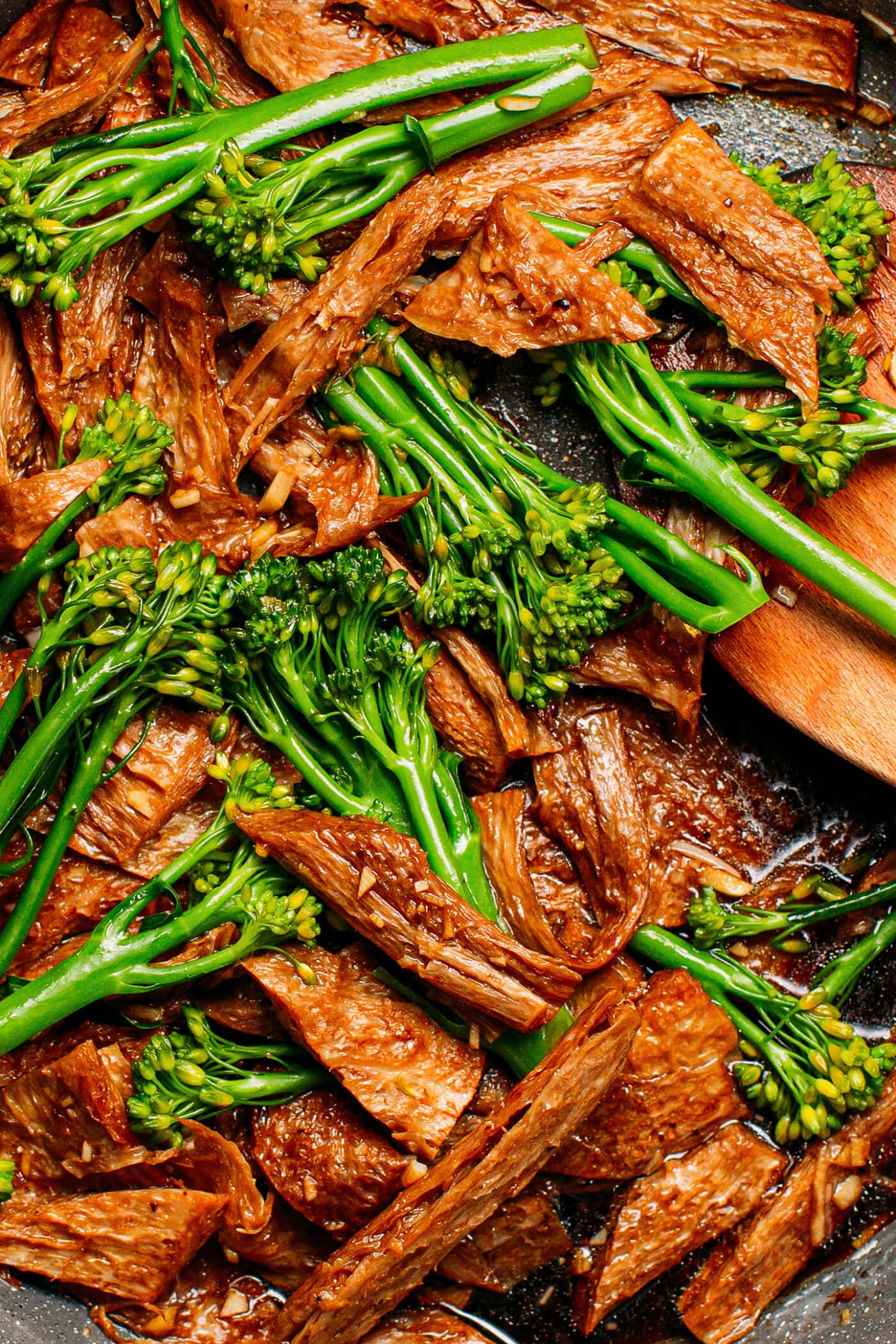 Close up of vegan beef and broccoli.