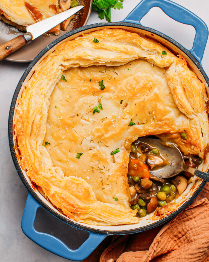 Mushroom pot pie topped with puff pastry.