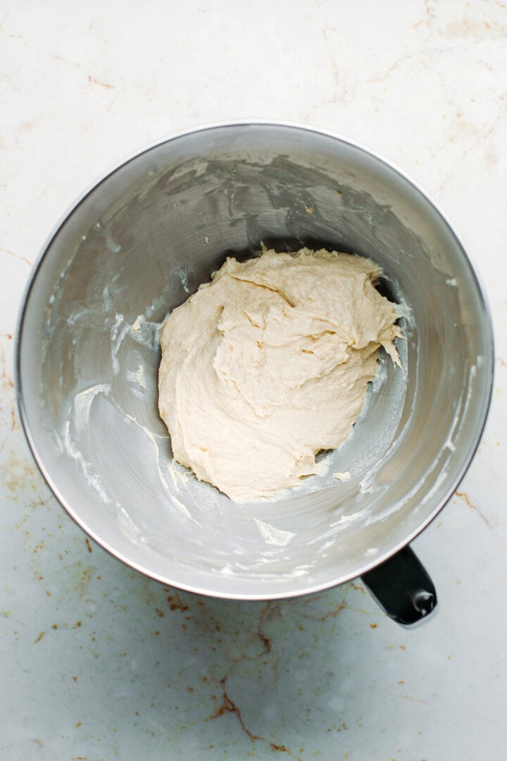 Dough in a stand mixer bowl.