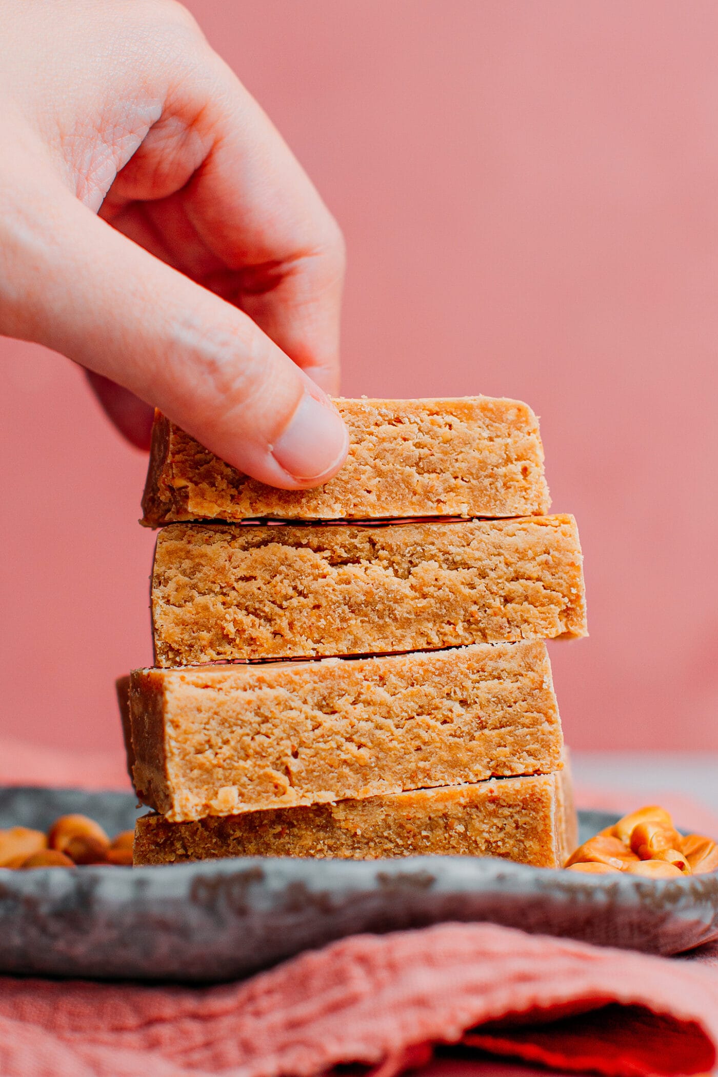 Stack of peanut butter candy bars.