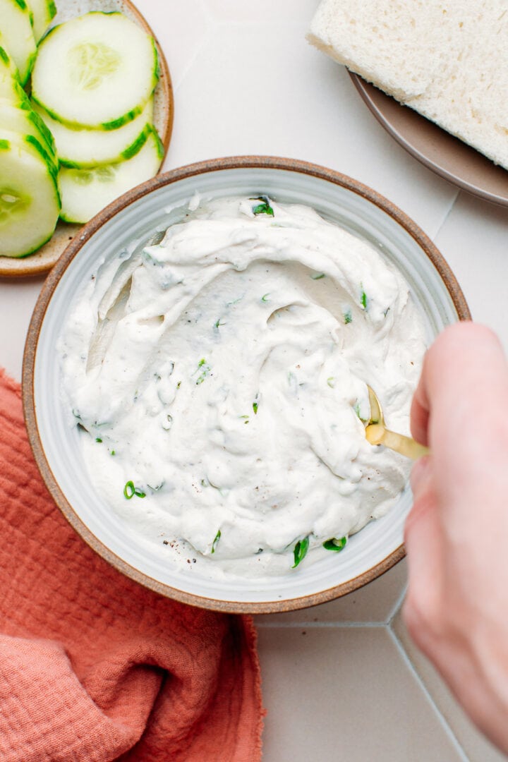 Vegan cream cheese with herbs.