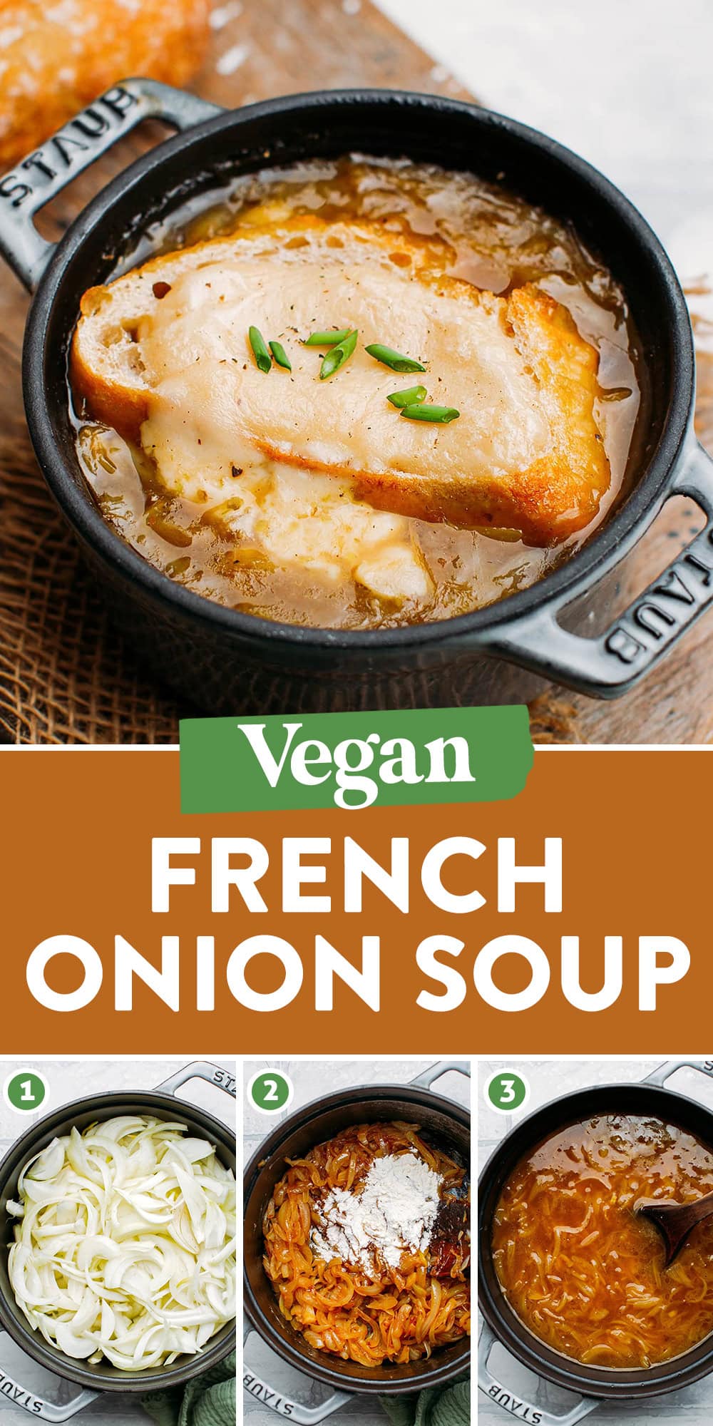 Warm up with this fantastic vegan French onion soup! It is loaded with caramelized onions, topped with crispy bread, and comes with a creamy vegan cheese sauce! A rustic dish that is so comforting on cold days!