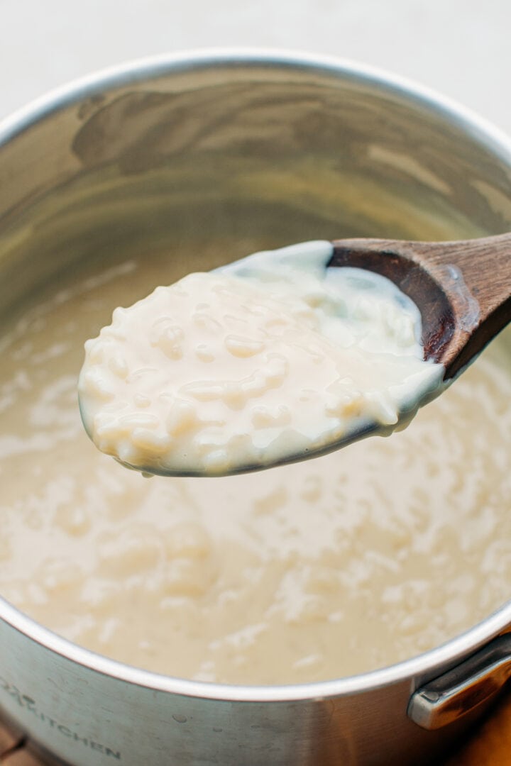 Close-up of cooked rice pudding.