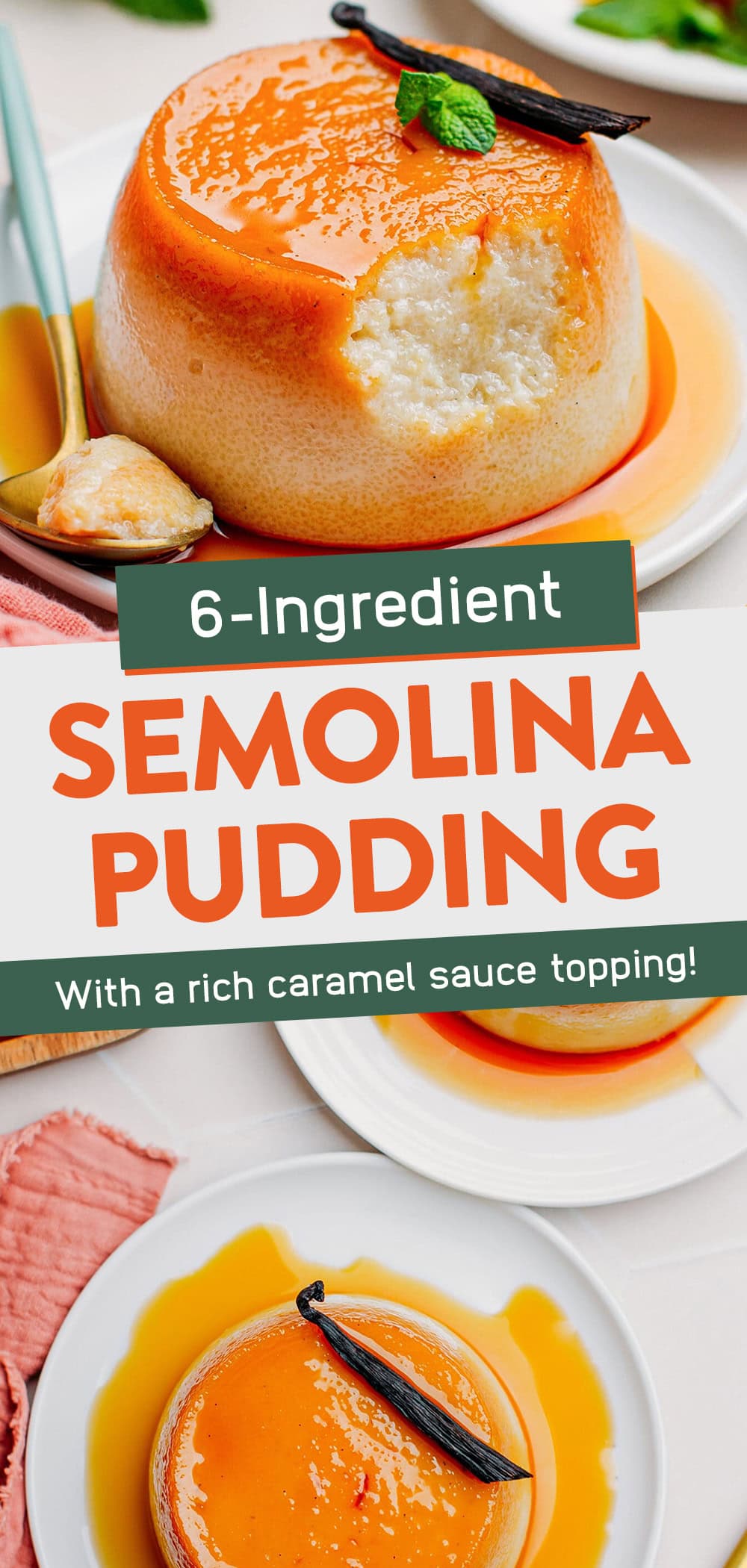 This semolina pudding cake is infused with plenty of vanilla and comes with a rich caramel sauce topping. It has a delicate texture and is naturally vegan! Just 15 minutes and 6 ingredients are required! #semolina #pudding #vegan #plantbased