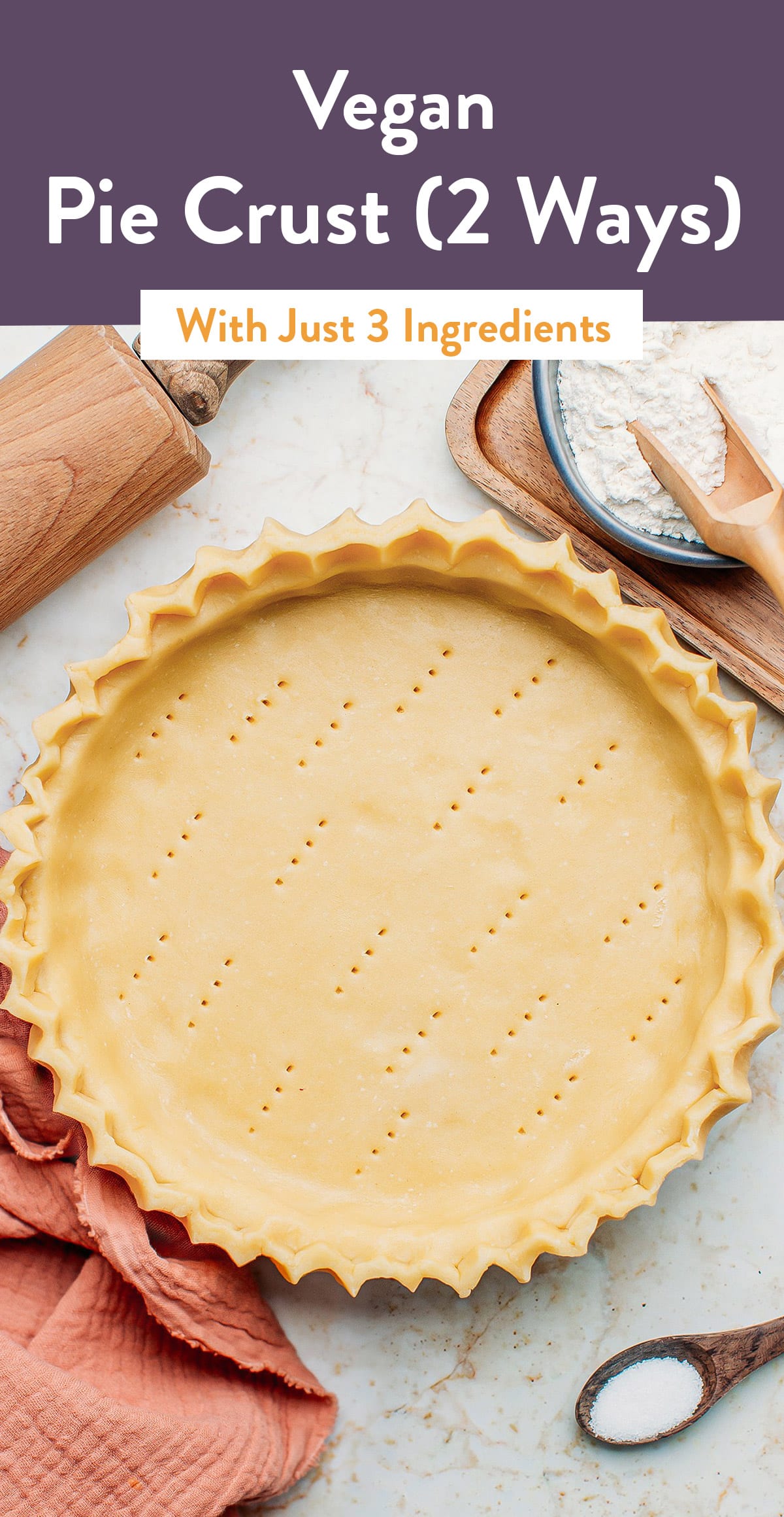 Learn how to make a classic vegan pie crust at home with just 3 ingredients! It's buttery, flaky, and perfect for making sweet pies as well as savory tarts. Plus, I'm sharing two ways to make it! #piecrust #vegan #veganbaking