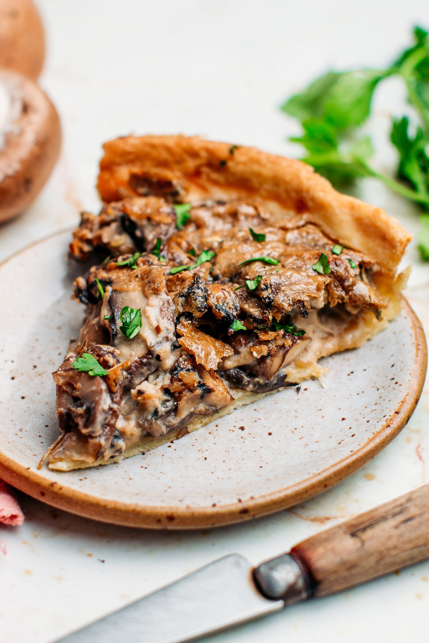 Close-up of a mushroom tart.