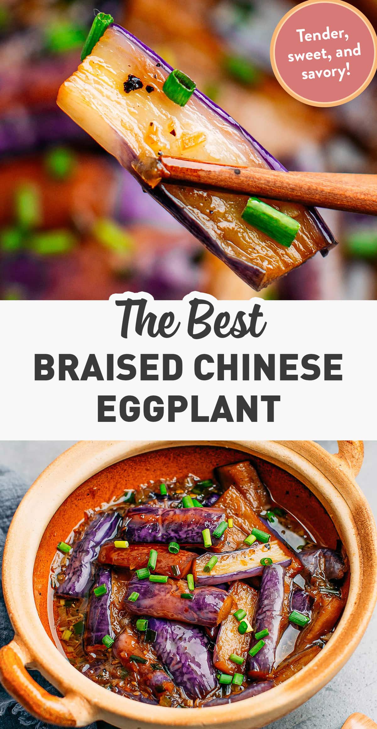 These tender and juicy Chinese eggplants are cooked in an aromatic sauce infused with garlic, shallots, green onions, and soy sauce. It's sweet, savory, and tastes fantastic on top of steamed white rice! #chinese #vegan #plantbased