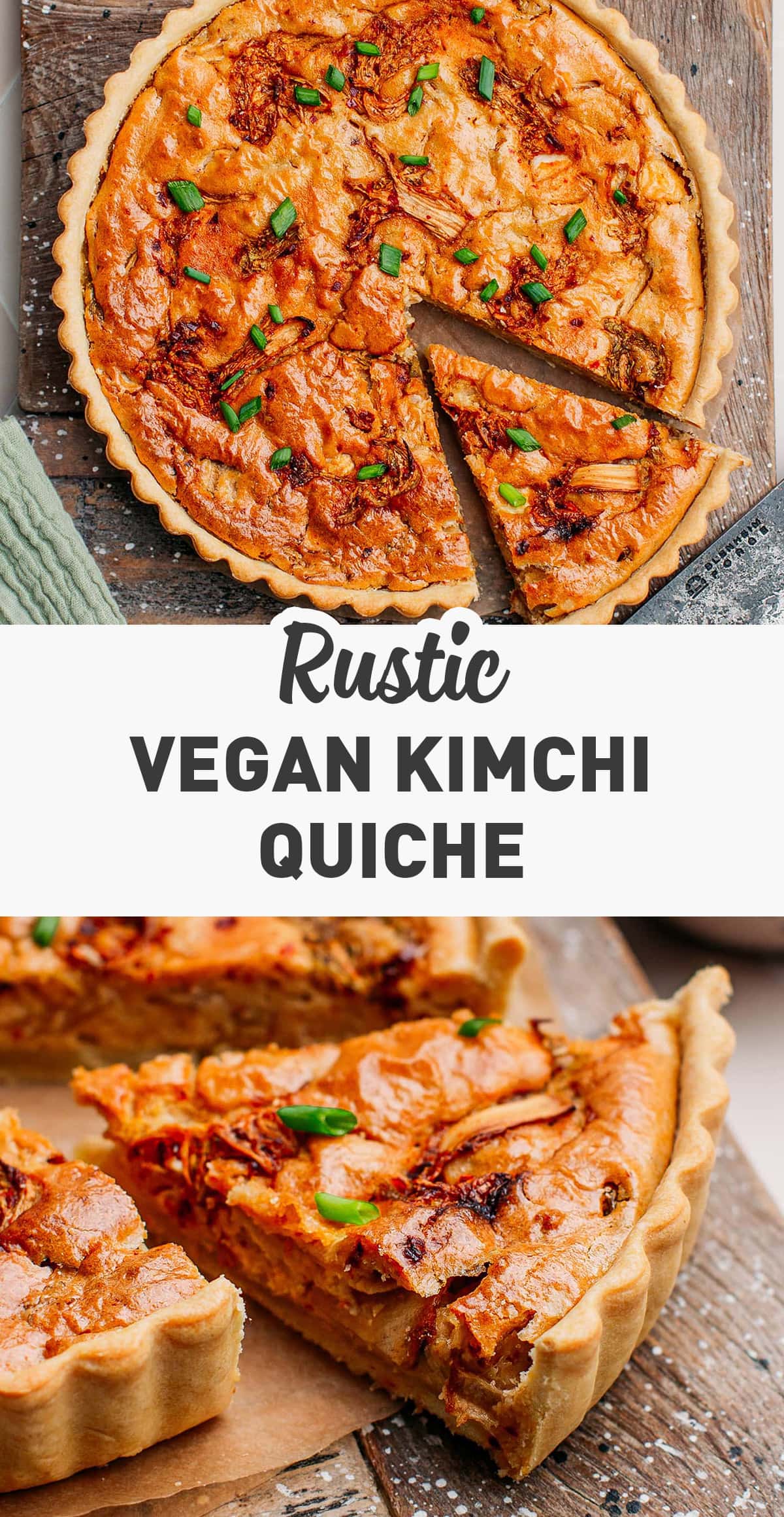 Introducing vegan kimchi quiche! This rustic quiche features a rich, creamy filling with kimchi and scallions baked in a buttery and flaky homemade crust! It is subtly spicy, tangy and requires just 10 ingredients! #kimchi #vegan