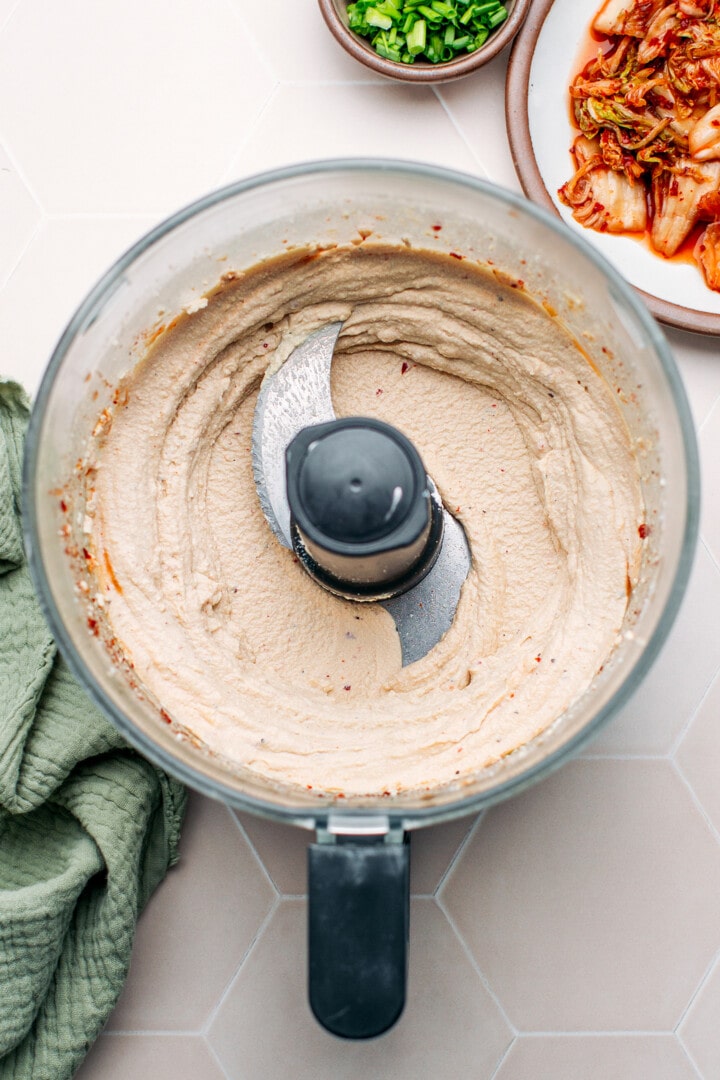 Blended tofu in a food processor.