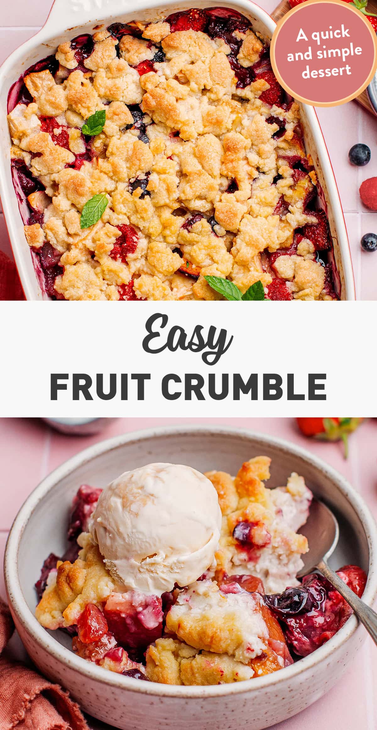 Delicious fruit crumble loaded with apples, pears, peaches, bananas, and raspberries! This juicy crumble comes with a super crunchy and buttery streusel topping! #vegan #plantbased #dessert #crumble