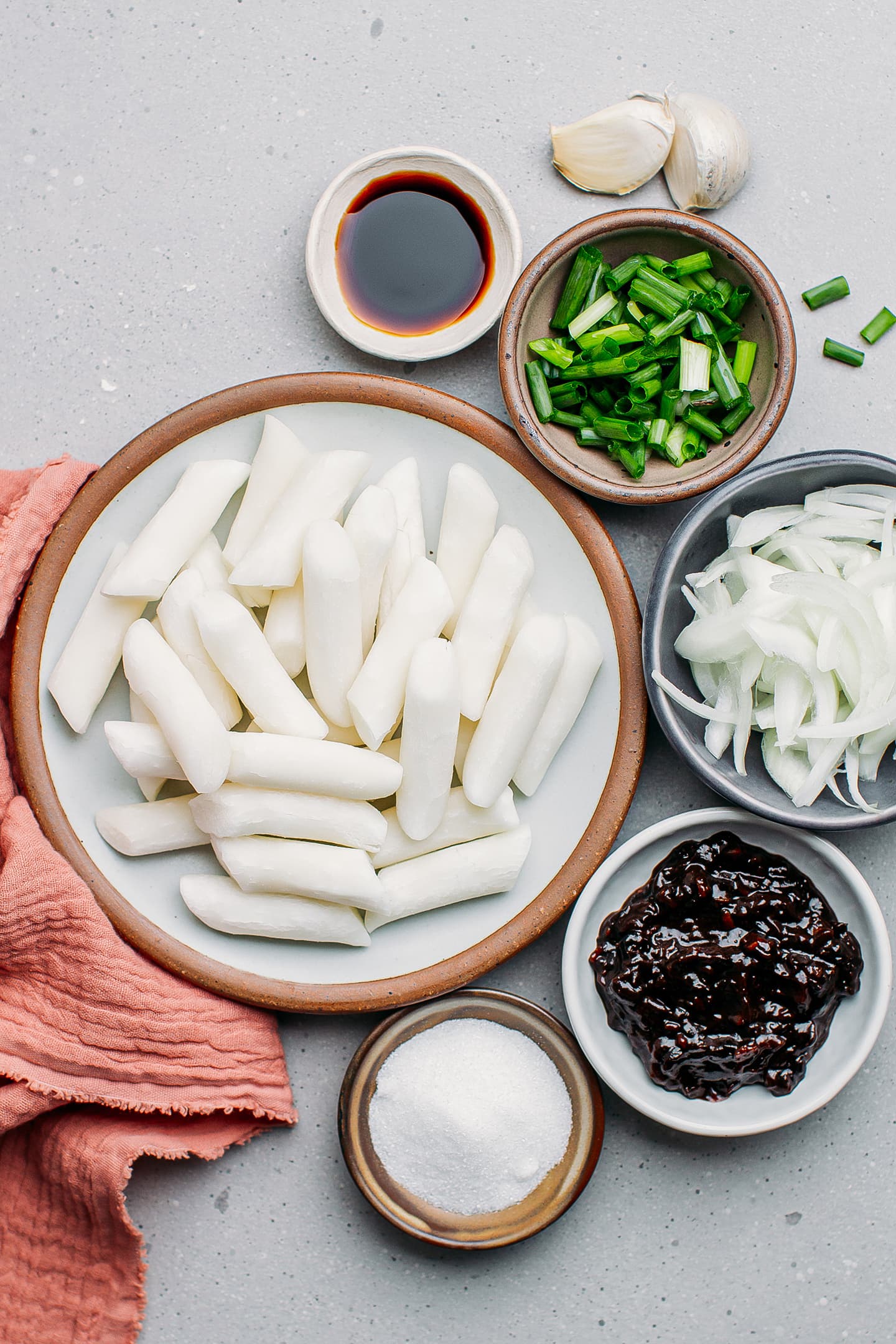 Ingredients like rice cakes, black bean paste, onions, and garlic.