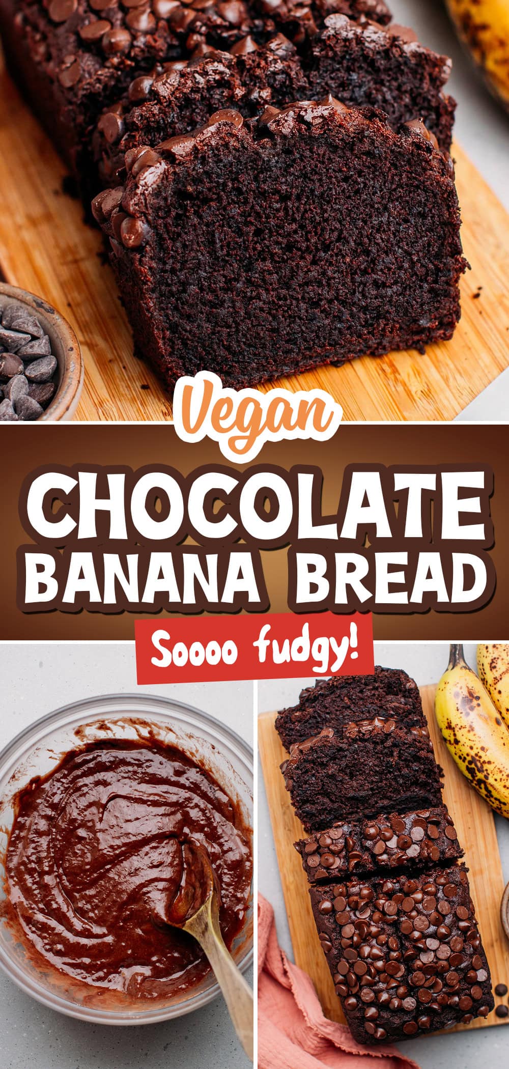 Introducing the fudgiest vegan chocolate banana bread! This 10-ingredient bread is rich, soft, and perfectly moist. It's a real treat that your whole family will love! Enjoy for breakfast, as an afternoon pick-me-up, or as a decadent dessert! #bananabread #vegan