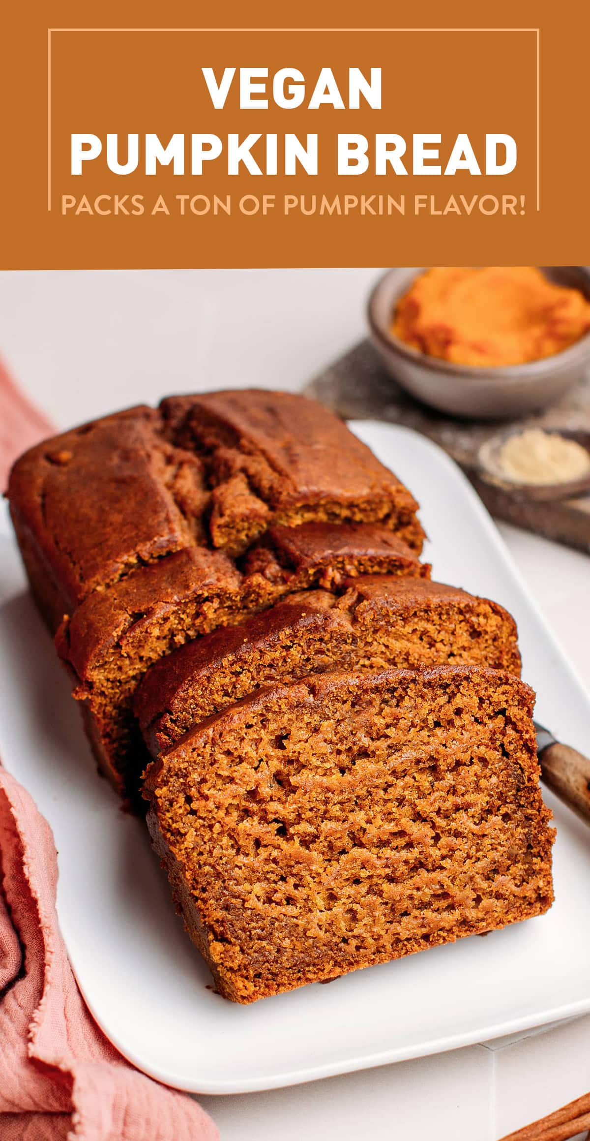 This vegan pumpkin bread is the ultimate Fall treat! Featuring a moist and tender crumb, warming spices like cinnamon, ginger, and nutmeg, and a subtle touch of vanilla, each slice is spiced to perfection and packs a ton of pumpkin flavor! #pumpkinbread #veganbaking