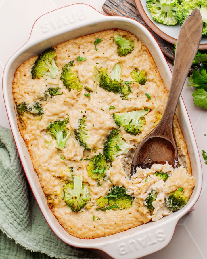 Broccoli rice casserole in a baking dish.