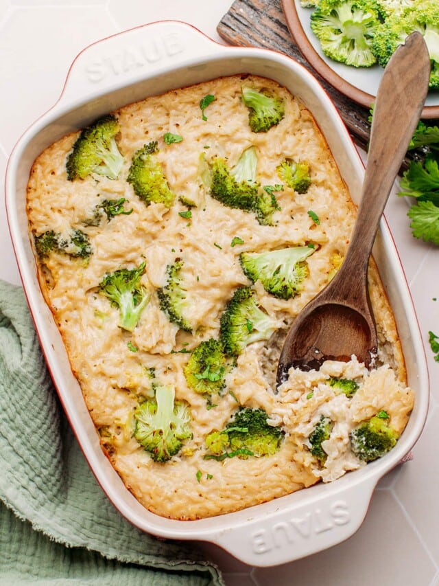 Broccoli rice casserole in a baking dish.