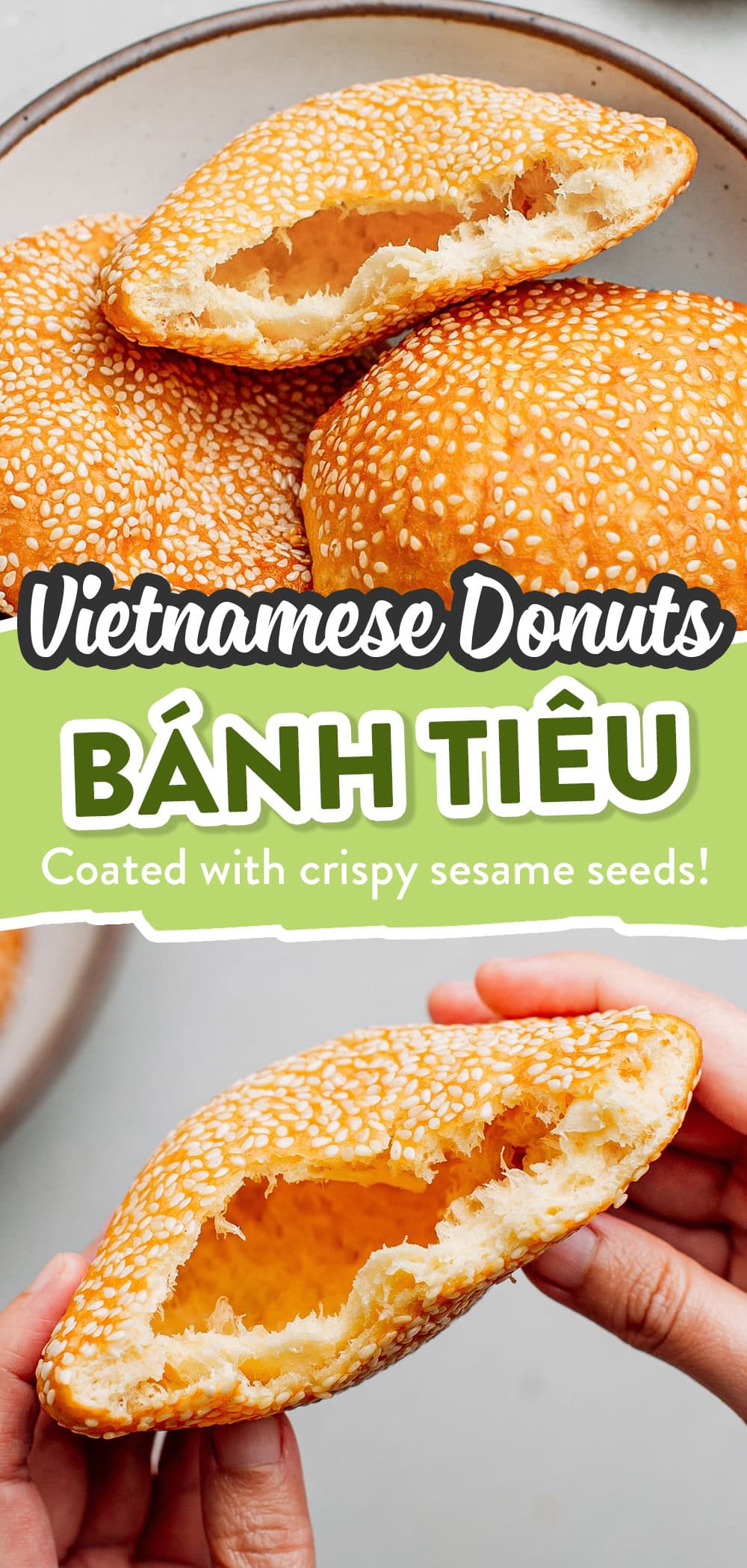 Soft and fluffy sesame brioches that are hollow inside, making it perfect to add your favorite filling! Chocolate spread, caramel, or even a savory filling! These fried brioches are also delicious on their own! #vegan #plantbased #donut