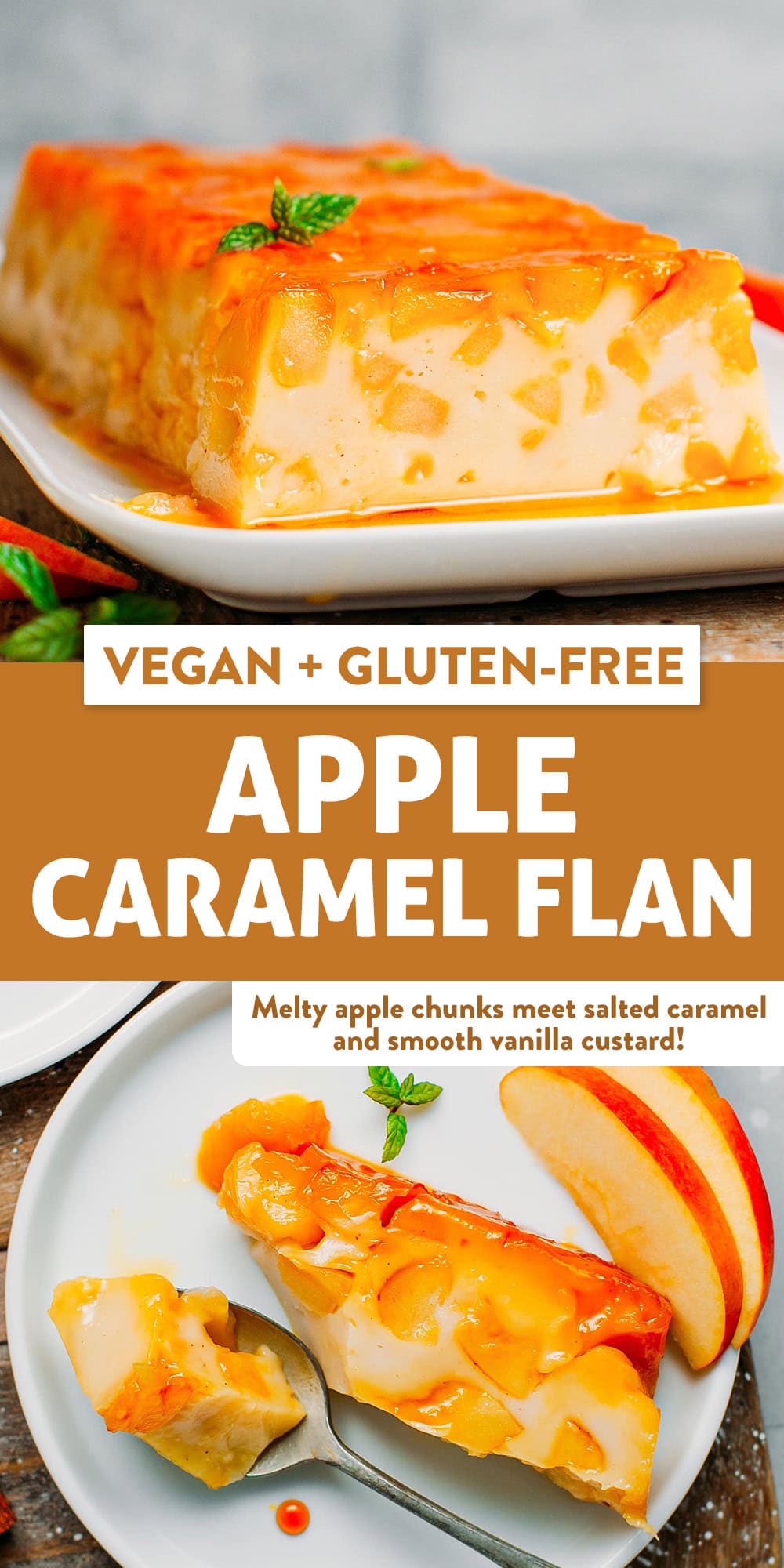 Melty chunks of cinnamon apples meet salted caramel and a creamy vanilla custard in this plant-based, gluten-free dessert! Just 8-ingredient, easy, and delicious!