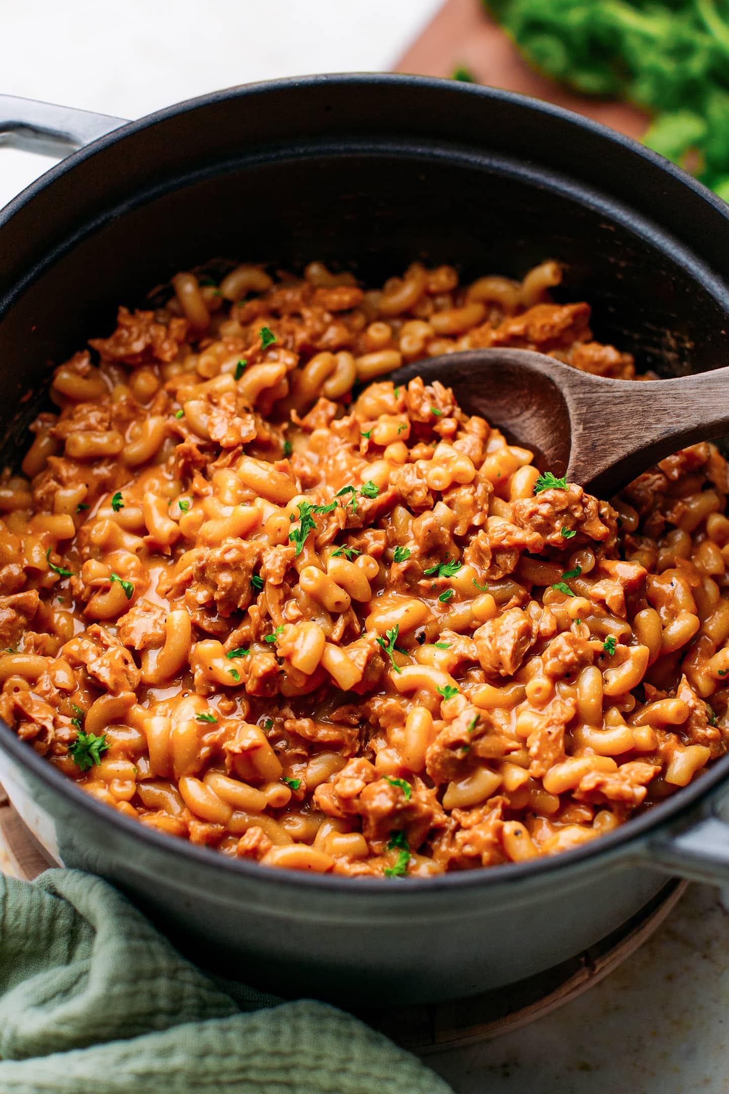 Close-up of vegan hamburger helper in a pot.