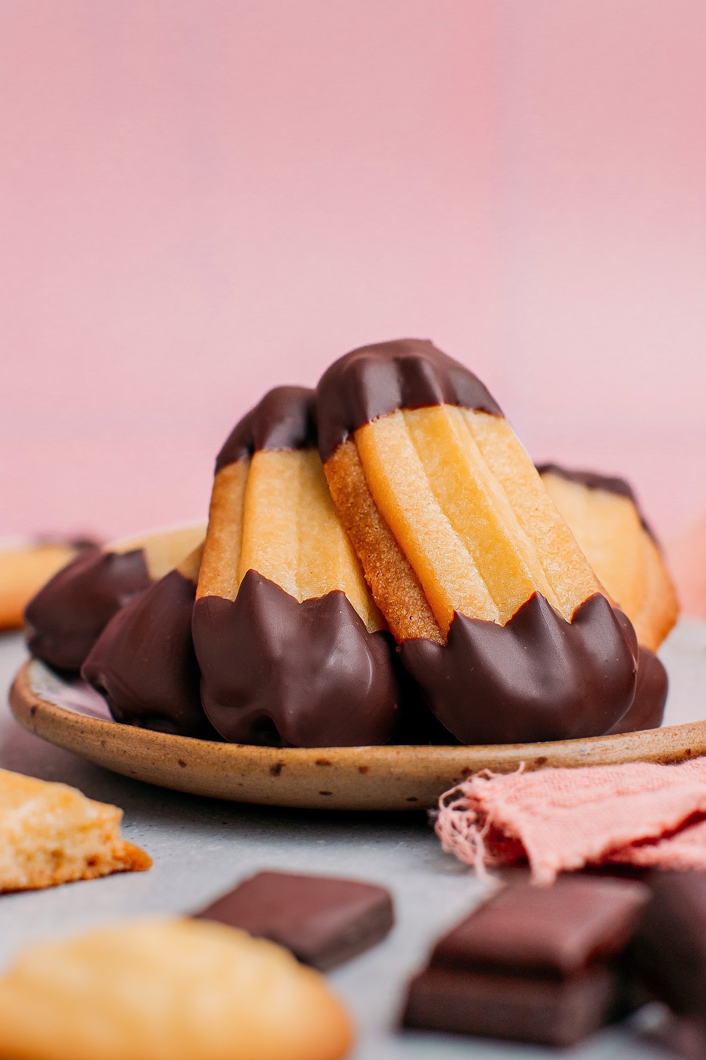 Spritz cookies dipped in dark chocolate.