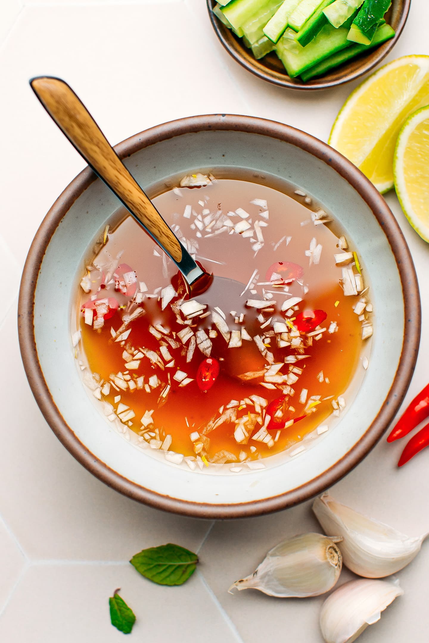 Top view of Vietnamese dipping sauce in a bowl.