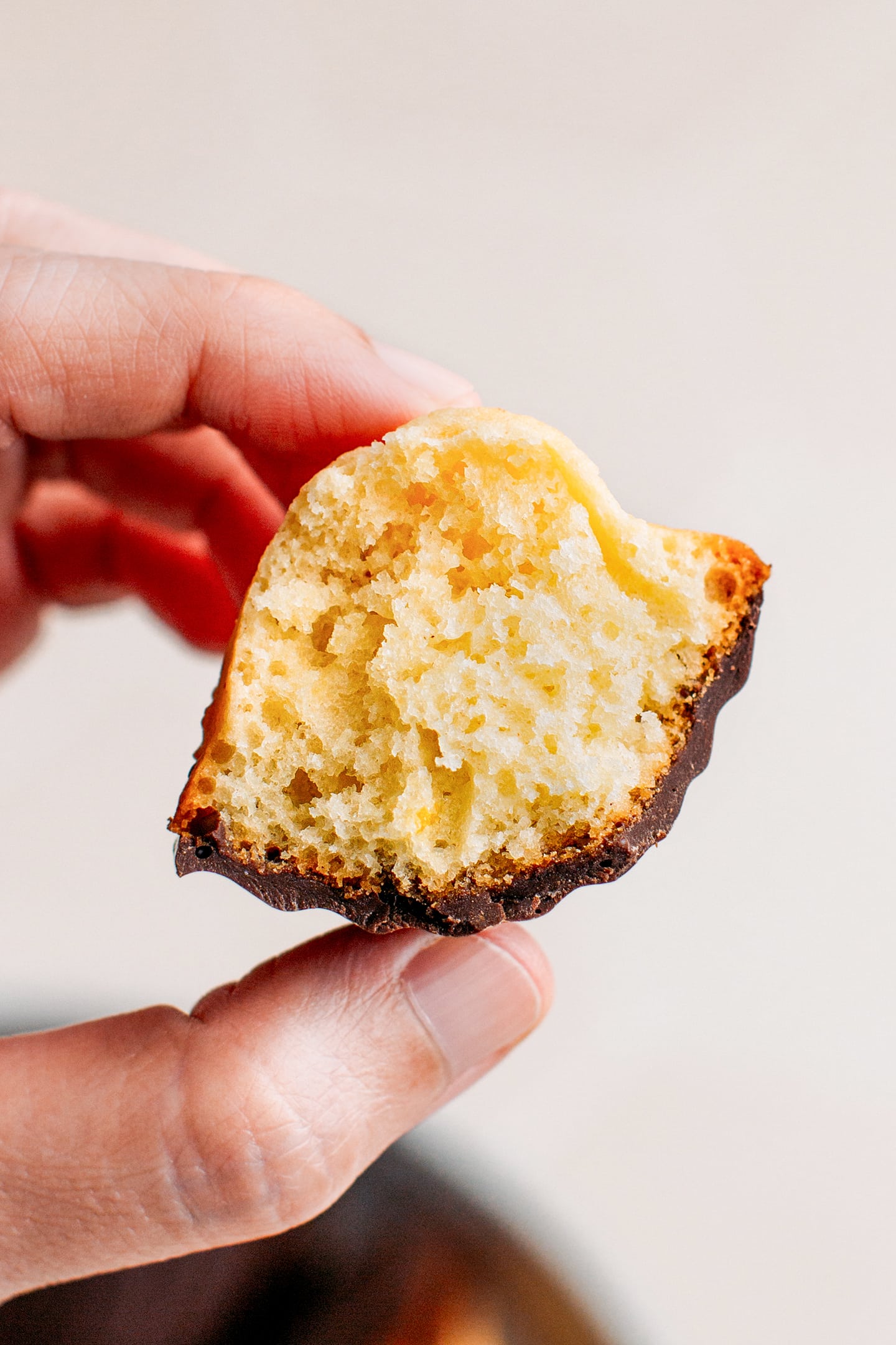 Close-up of a bite of madeleine.