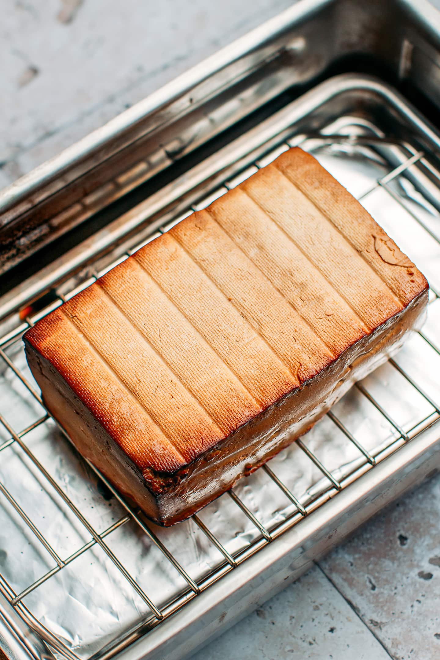 Smoked tofu in a stovetop smoker.