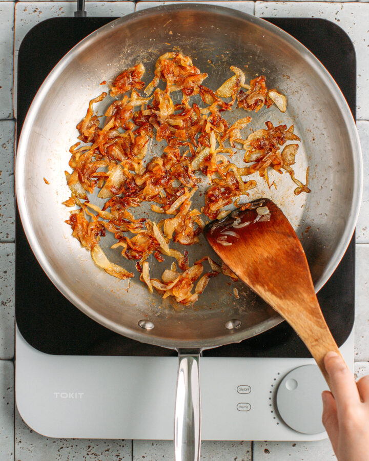 Caramelized onions in a skillet.