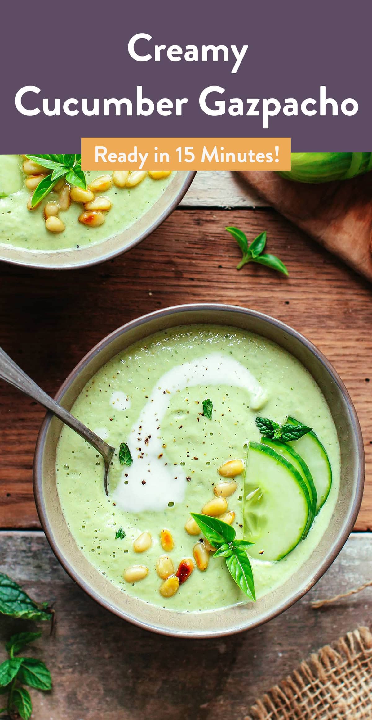 This 15-minute raw cucumber gazpacho is flavored with basil pesto, miso, and coconut milk! An easy and healthy soup that is super fresh, velvety-smooth and so creamy! #cucumber #gazpacho