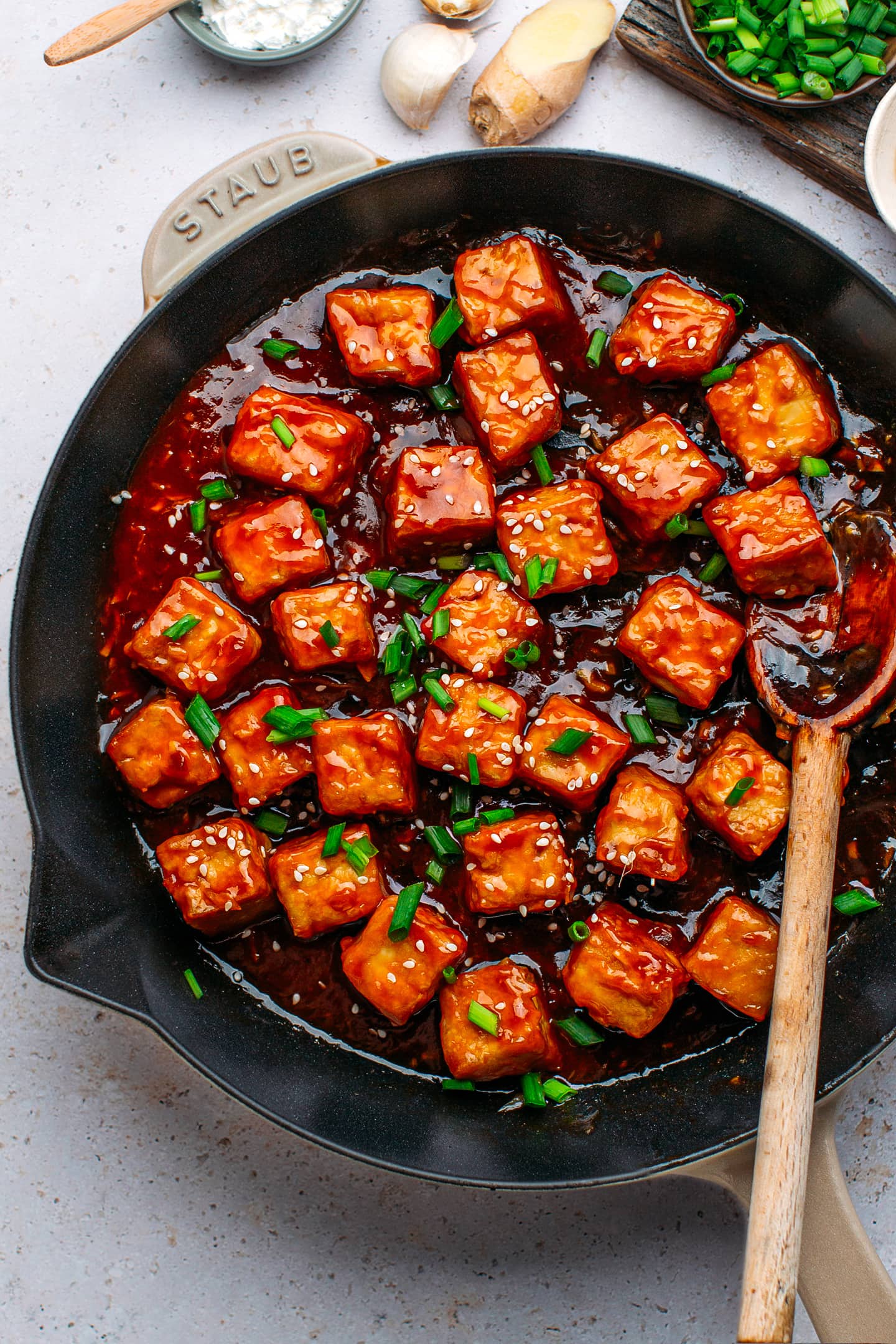 General tso tofu in a skillet.