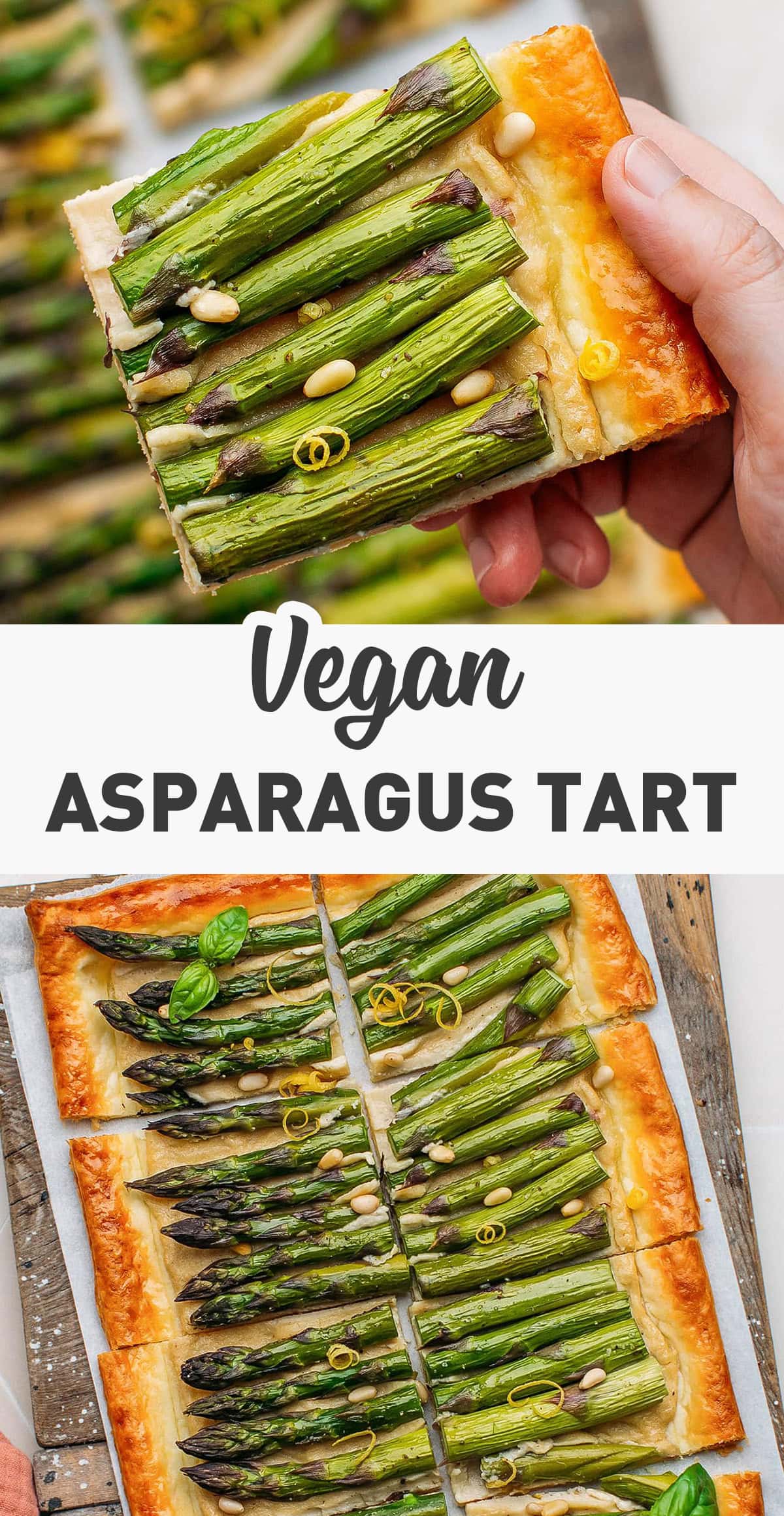 This vegan asparagus tart features flaky puff pastry, homemade cashew cream cheese, and perfectly tender asparagus! It's garlicky and rustic and can be served as an appetizer or as a main with a green salad. #asparagustart #asparagus