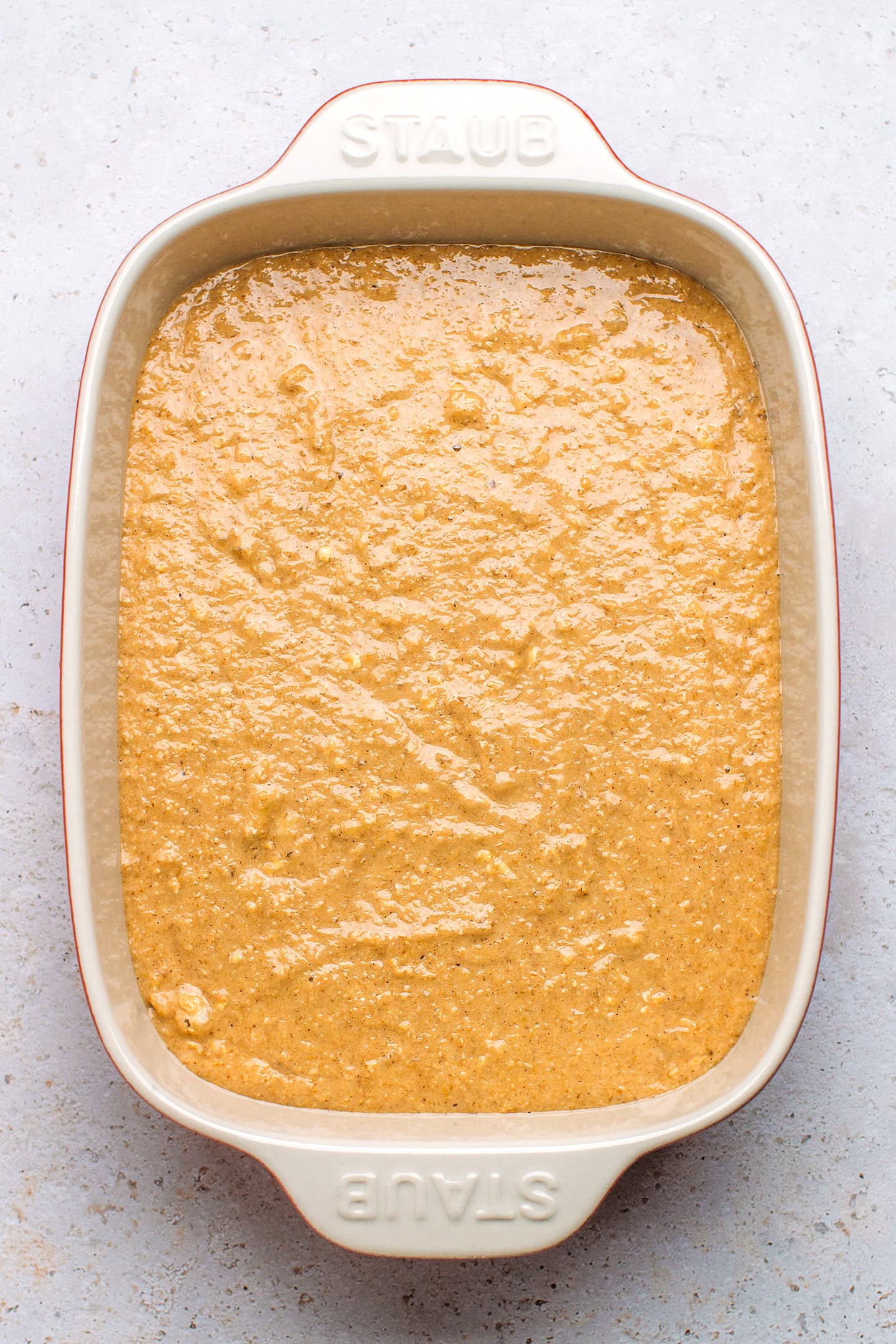 Banana pudding batter in a baking dish.