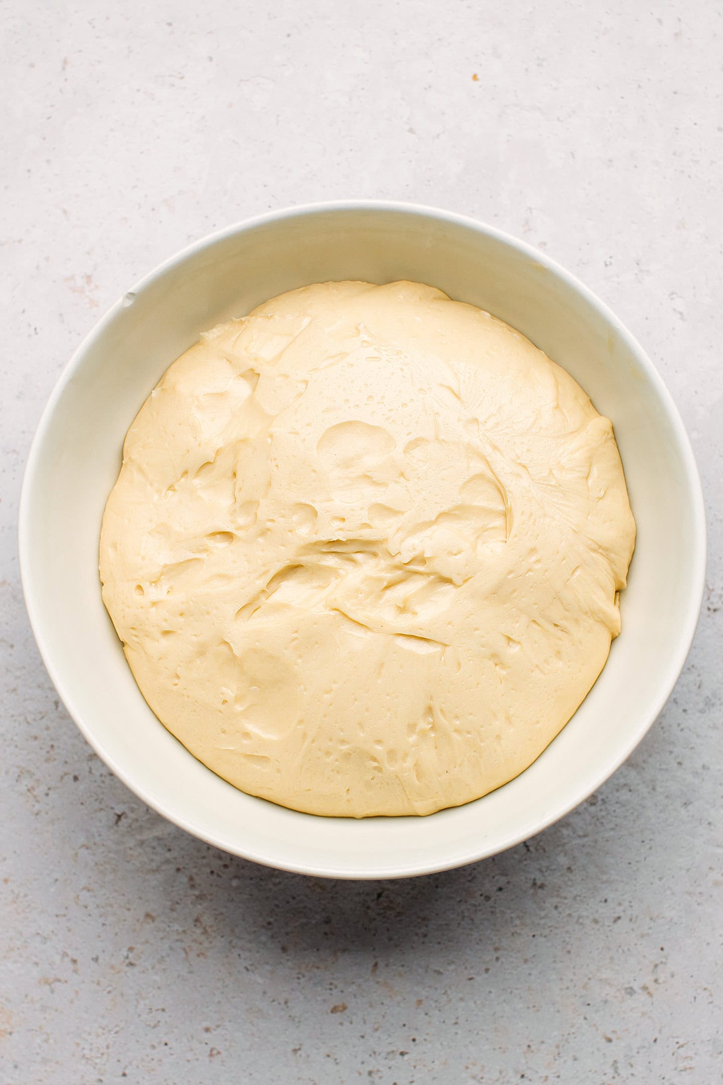 Dough after 45 minutes rise in a mixing bowl.