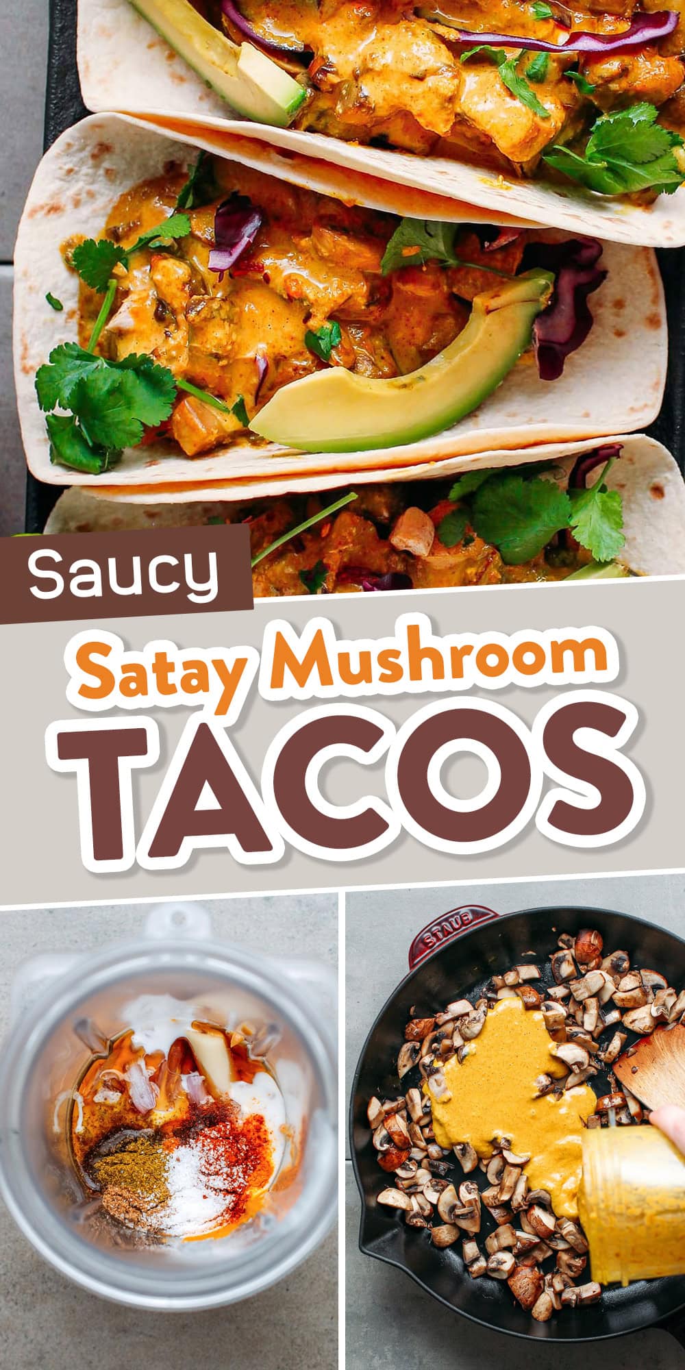 These satay mushroom tacos are not your traditional tacos! They are loaded with meaty mushrooms simmered in a buttery satay sauce. Infused with coconut milk, peanut butter, lemongrass, and spices, they are superbly seasoned and so easy to make!