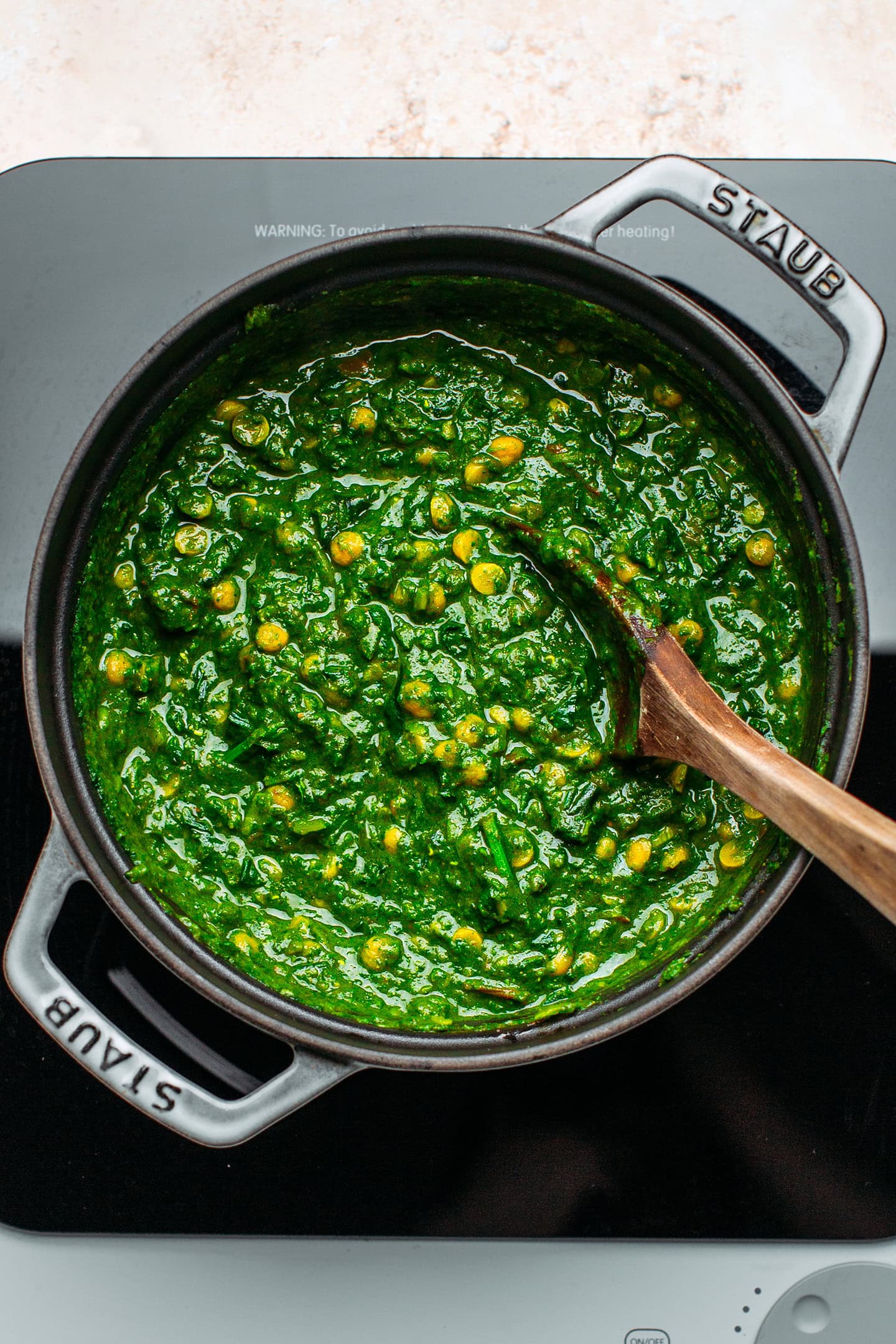 Spinach dal in a pot.