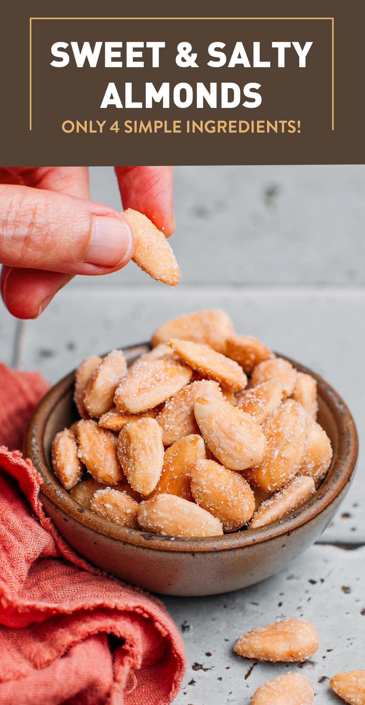 These sweet and salty almonds are slowly roasted in the oven before being tossed with an addicting blend of sugar and salt. Serve them with drinks as an appetizer, incorporate them in salads, or use them as a topping for ice cream! #roastedalmonds #almonds