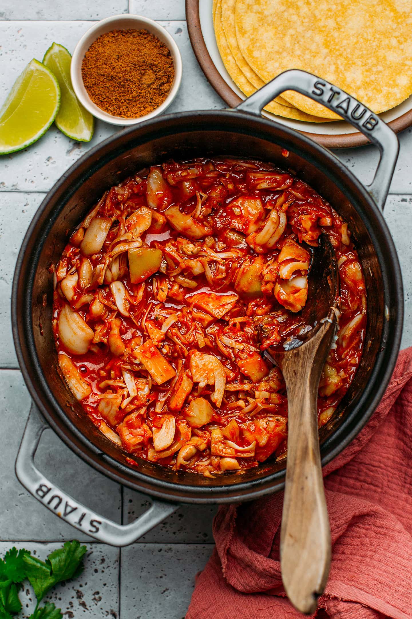 Pot filled with BBQ pulled jackfruit.