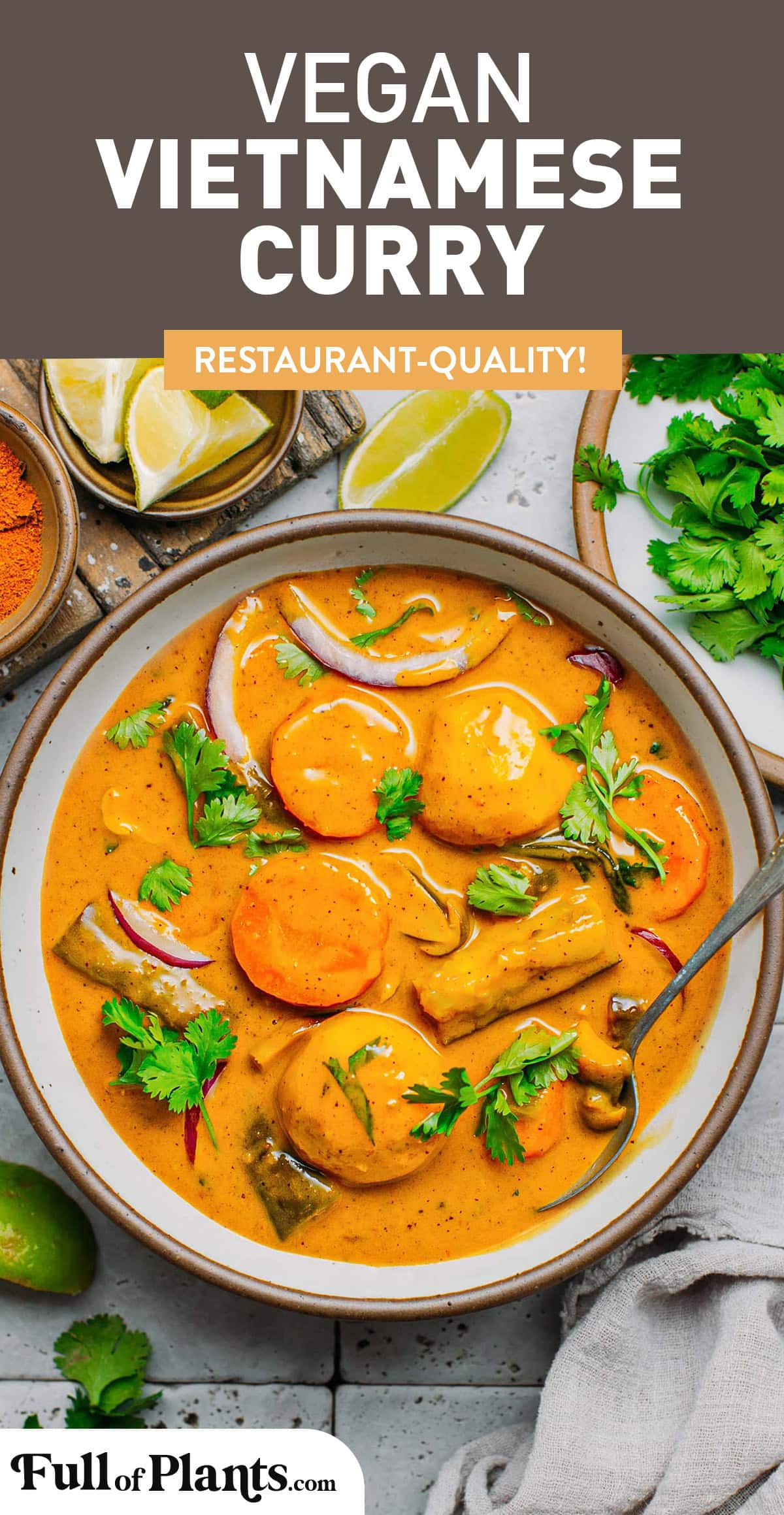 Hearty and flavorful one-pot Vietnamese curry! Infused with aromatics like lemongrass, ginger, and garlic, and loaded with eggplant, taro, carrots, tofu, and mushrooms! #plantbased #vegan #curry