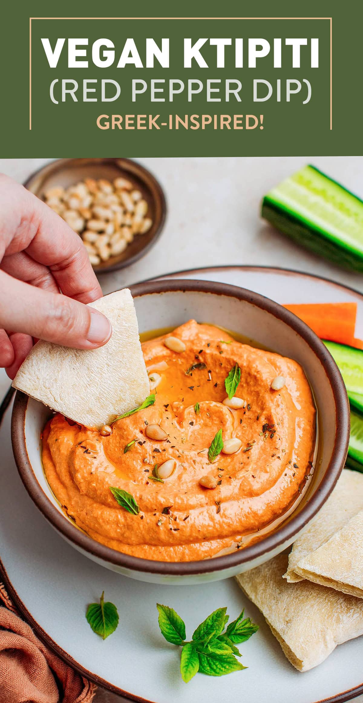 Ktipiti is a Greek dip made of roasted red bell peppers and seasoned with garlic, olive oil, and yogurt. It's a smoky and savory dip that pairs perfectly with pita or toasted bread. This vegan Ktipiti is equally delicious as the original and requires just 8 simple ingredients! #vegandip #redbellpepper