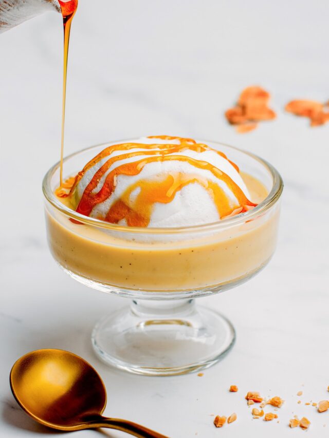 Pouring salted caramel on top of a meringue.