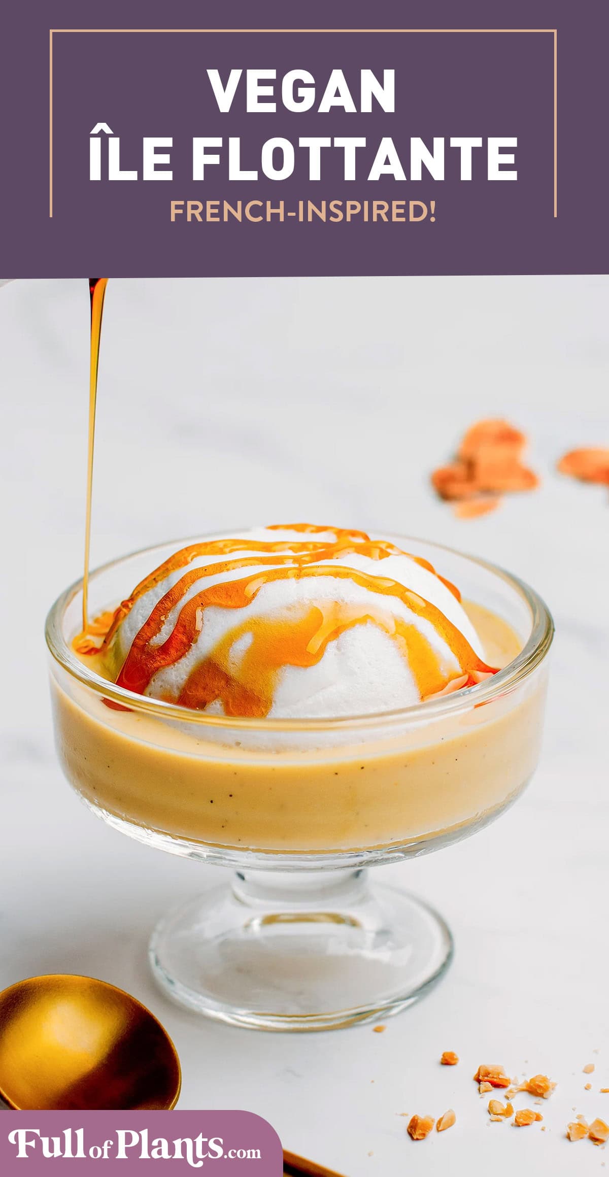 Light and pillowy aquafaba meringues floating on a rich vanilla-infused custard, and topped with a salted caramel syrup! This French-inspired dessert is like no-other! Dairy-free, egg-free, and vegan! #vegan #vegandessert #plantbased