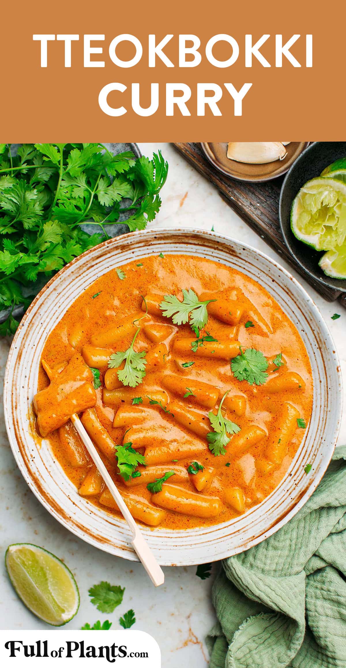 Chewy rice cakes simmered in a rich and creamy red curry sauce! Infused with garlic, shallots, lime, and coconut milk, this plant-based dish is easy and super flavorful! #tteok #plantbased #vegan #ricecakes #curry