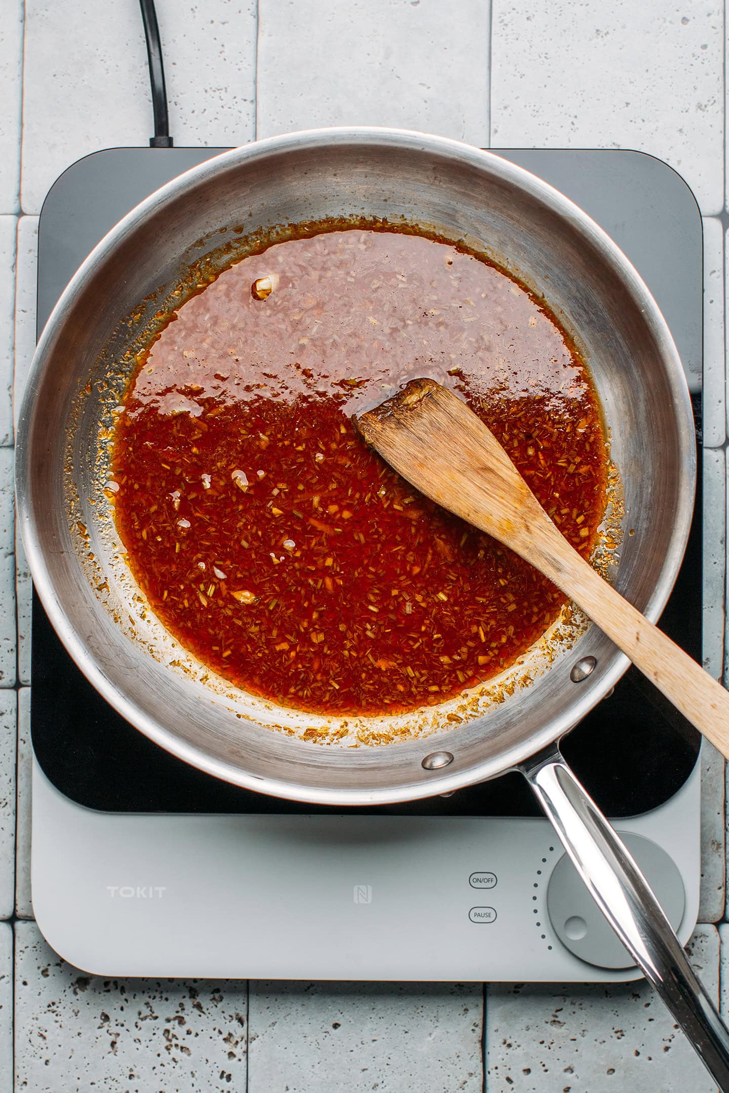 Sweet and salty sauce in a pan.