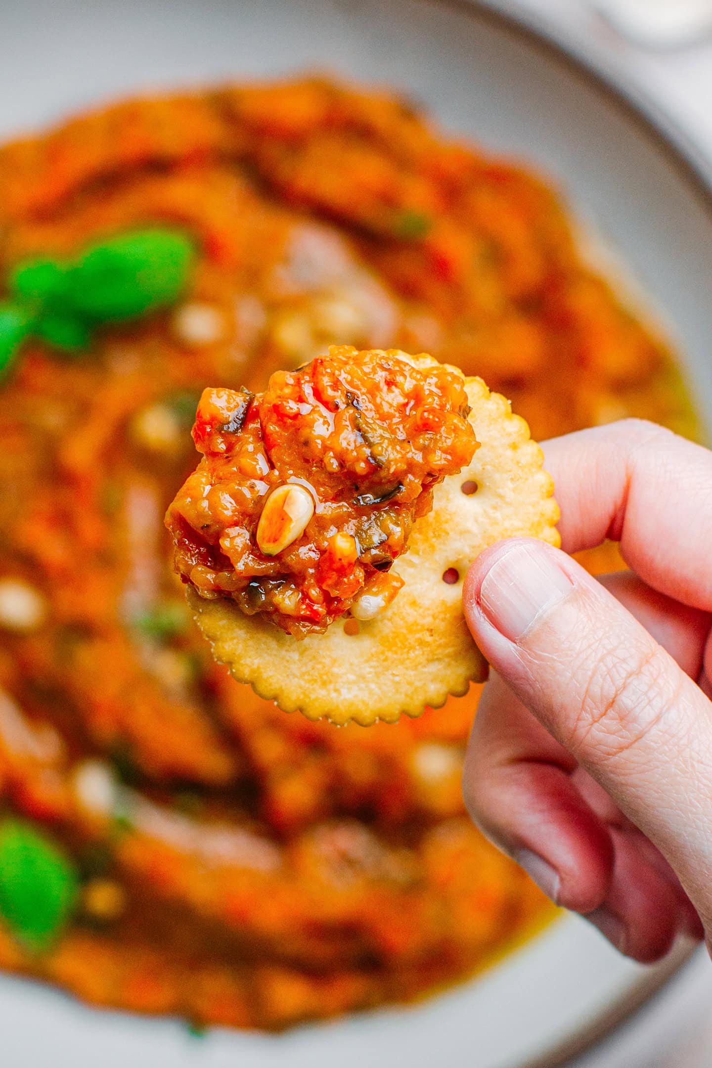 Close-up of a cracker topped with eggplant dip.