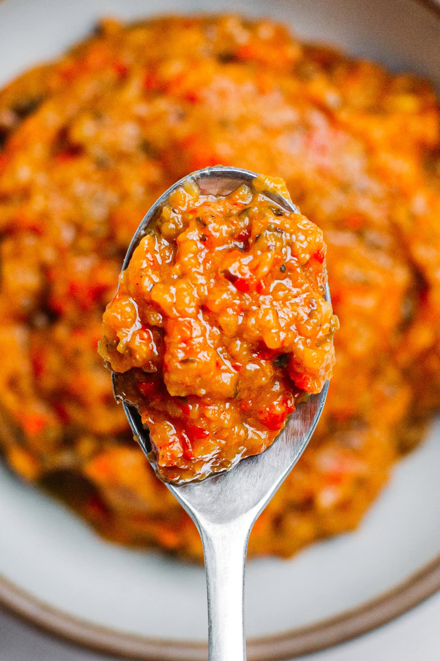 Close-up of a spoon filled with eggplant dip.