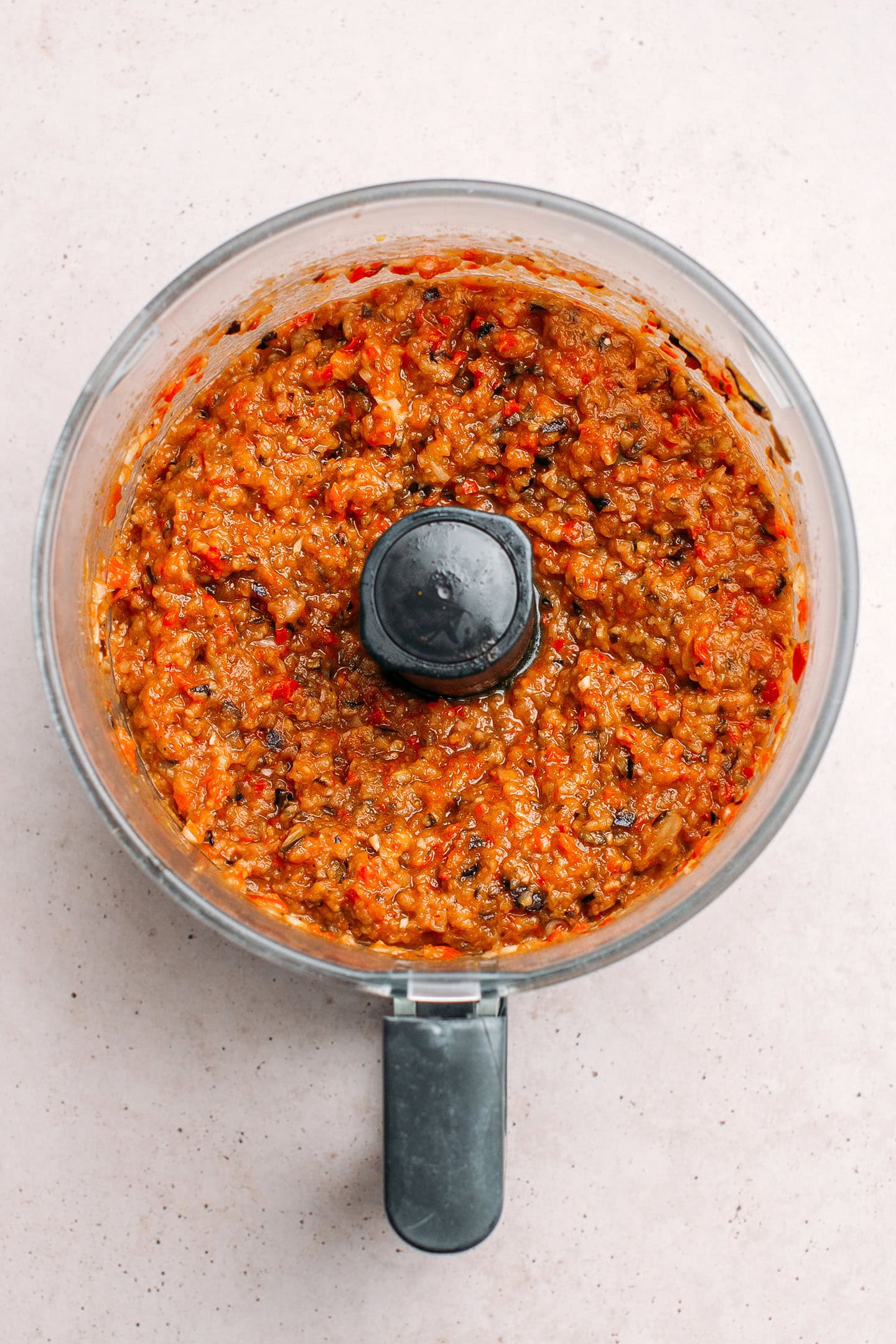 Eggplant dip in a food processor.