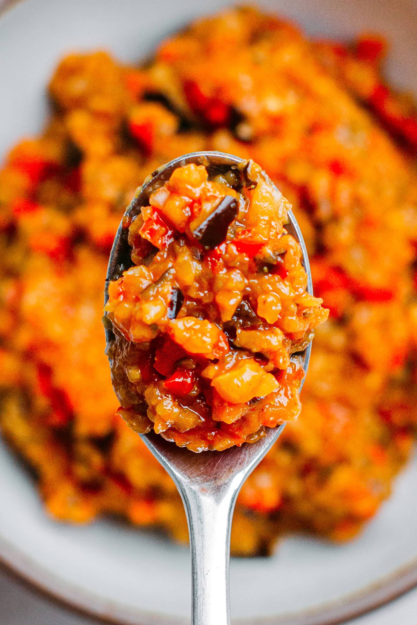 Close-up of a spoon filled with eggplant dip.