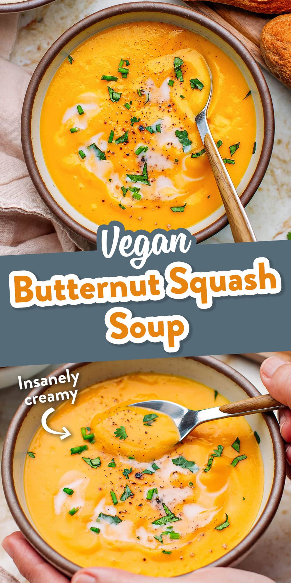 This insanely creamy vegan butternut squash soup is loaded with sweet butternut squash, coconut milk, and aromatics such as shallots, garlic, and black pepper. It's easy to make and so comforting during Fall and Winter. Serve it with a drizzle of coconut milk and crusty bread!