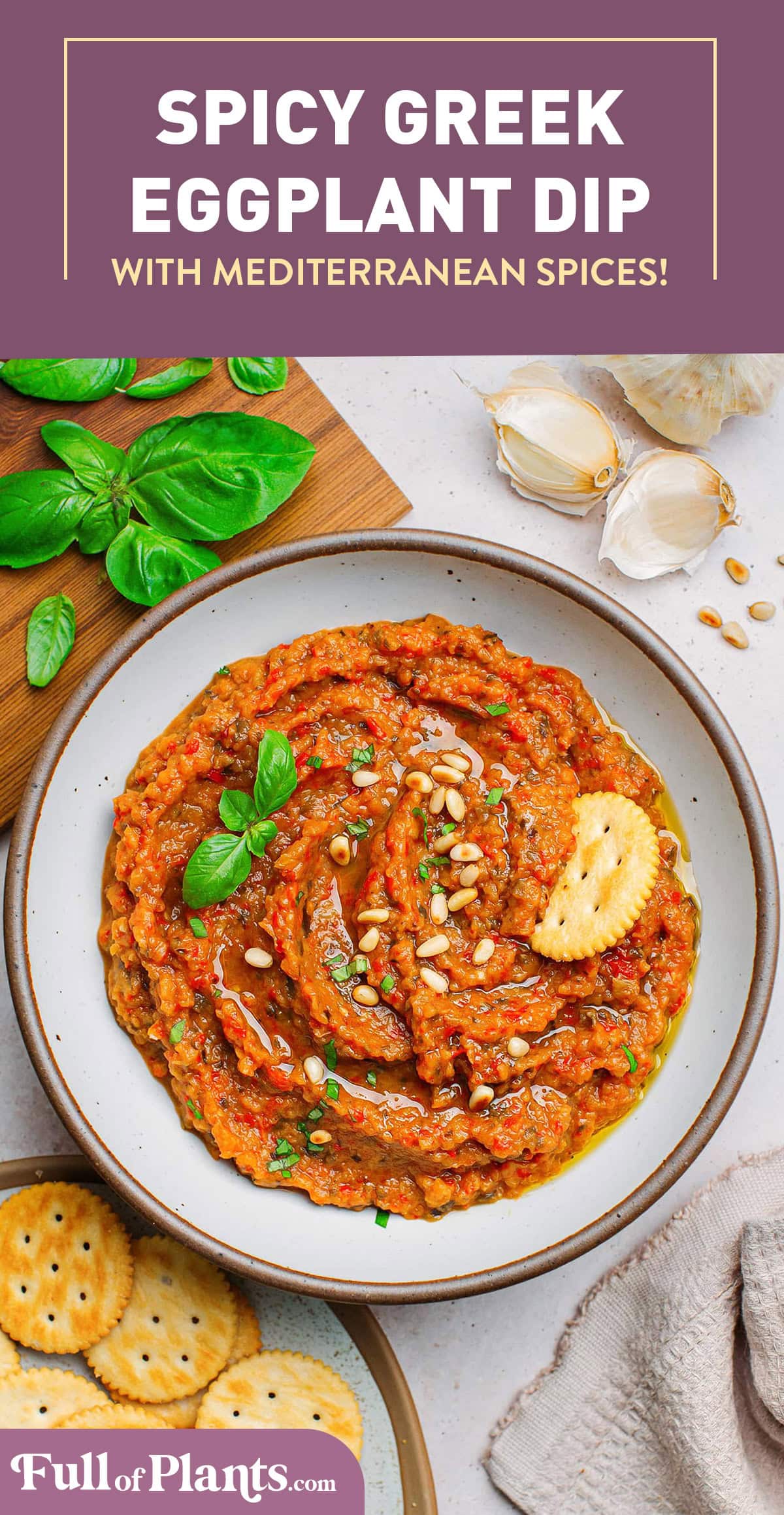 Prepared from roasted eggplant, red bell pepper, and tomatoes, this flavorful eggplant dip is slightly spicy and garlicky, seasoned with Mediterranean spices, and finished with a squeeze of lemon juice! It makes a great appetizer and can be used as a spread for sandwiches and wraps or as a filling for lasagna! #dip #eggplant