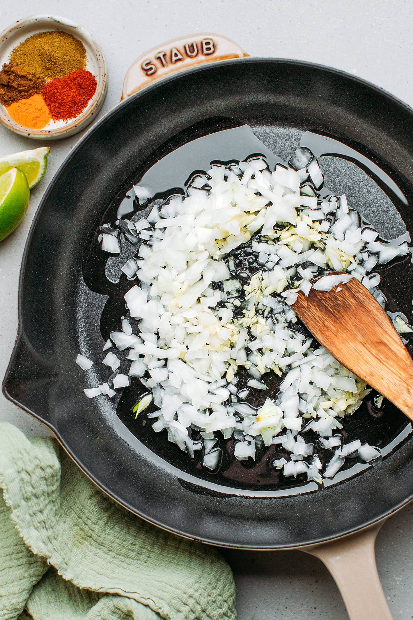 Diced onion and garlic in a skillet.